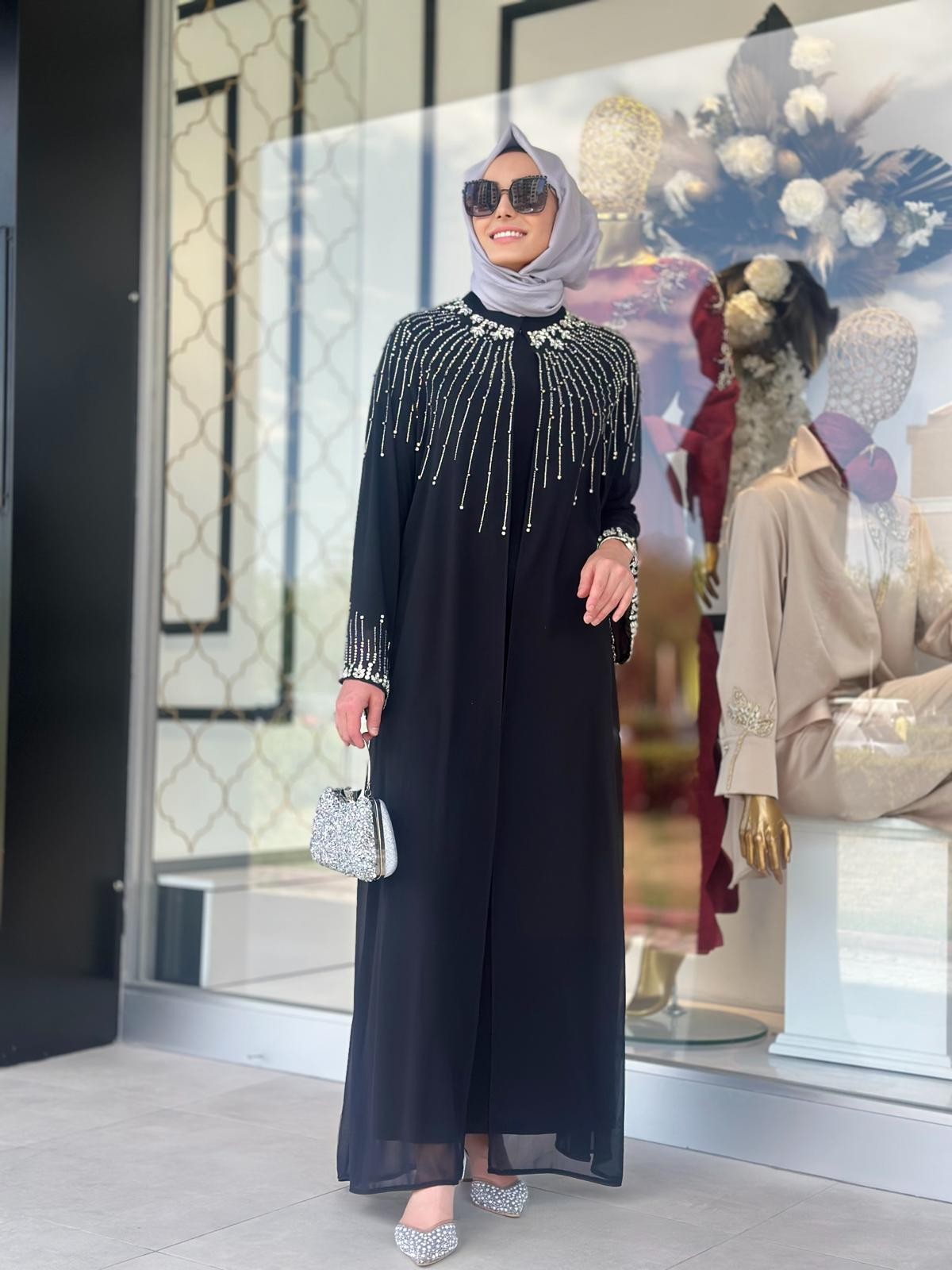 Yaka Ve Kol Uçları Taşlı Abaya-Tac 6178