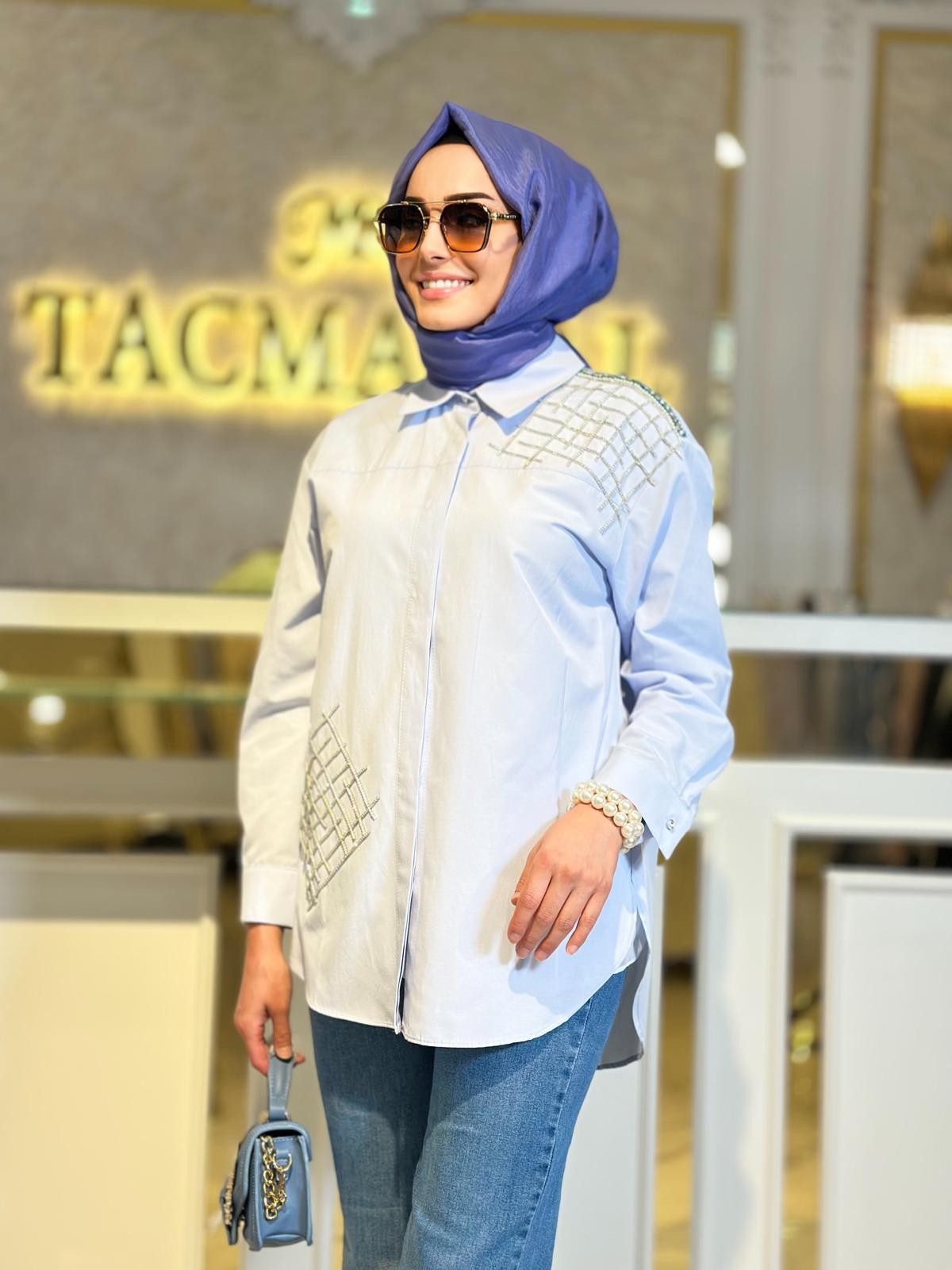File Taşlı Gömlek-Tac 8709 - MAVİ