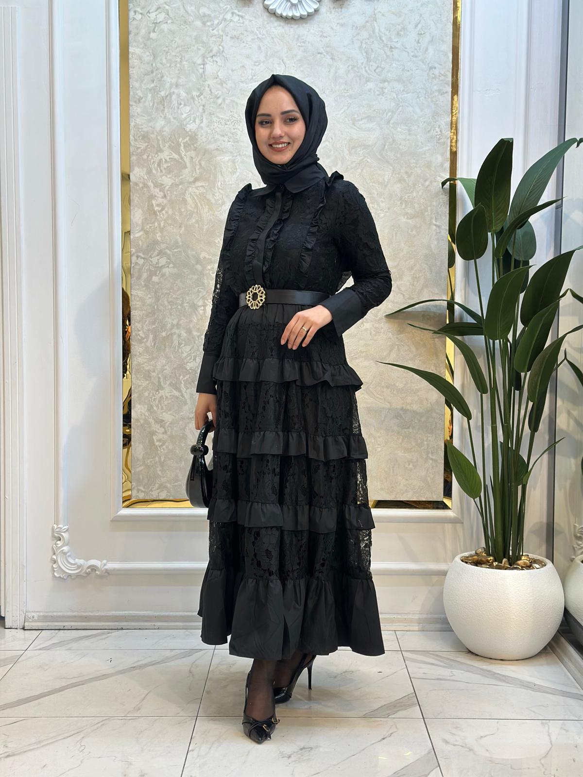 İthal Güpür Kat Kat Elbise-Tac 85961 - SİYAH