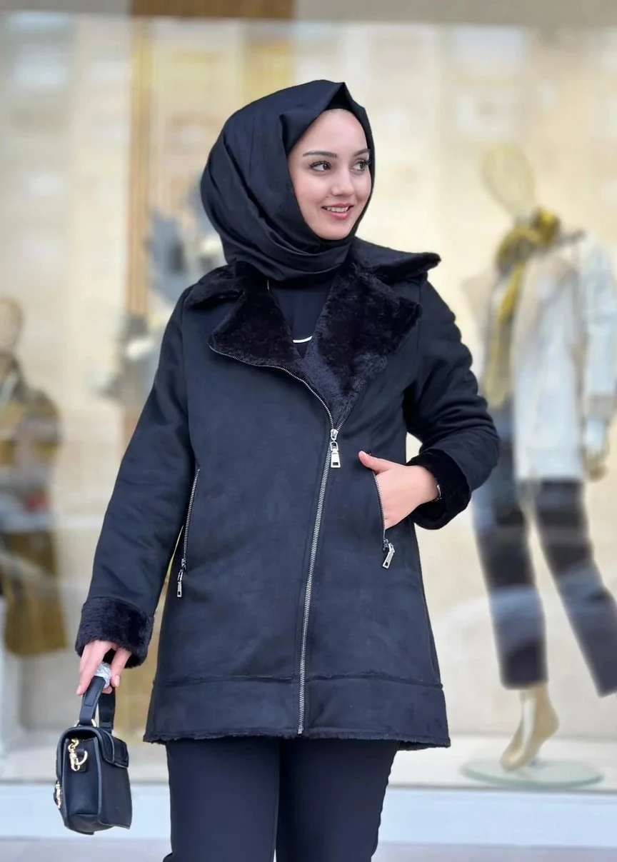 İçi Kürklü Biker Kaban-Tac 2014 - SİYAH