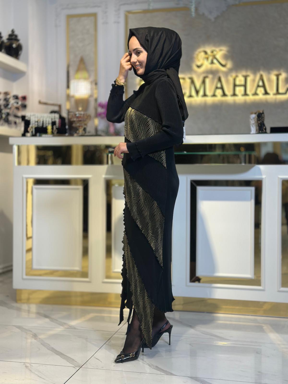 Gold Yan Şeritli Elbise-Tac 85265