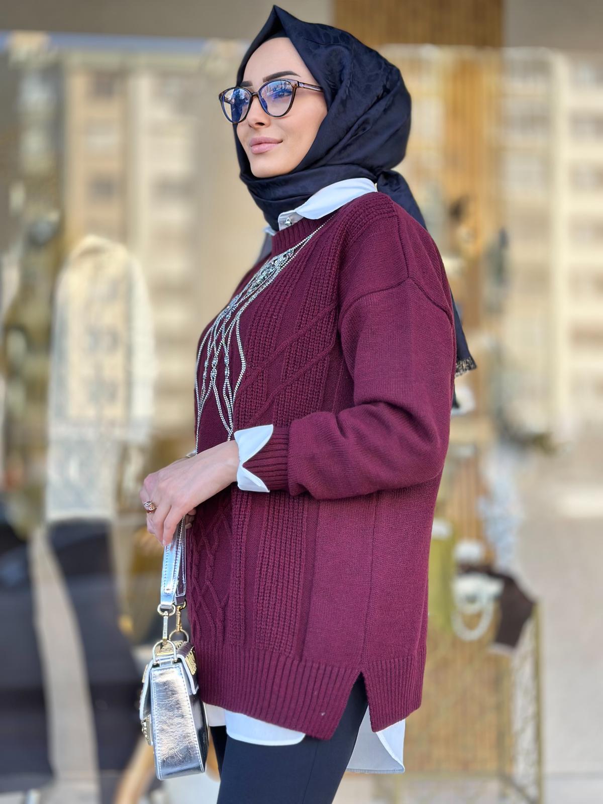 Önü Taşlı Triko Kazak-Tac 6104 - BORDO