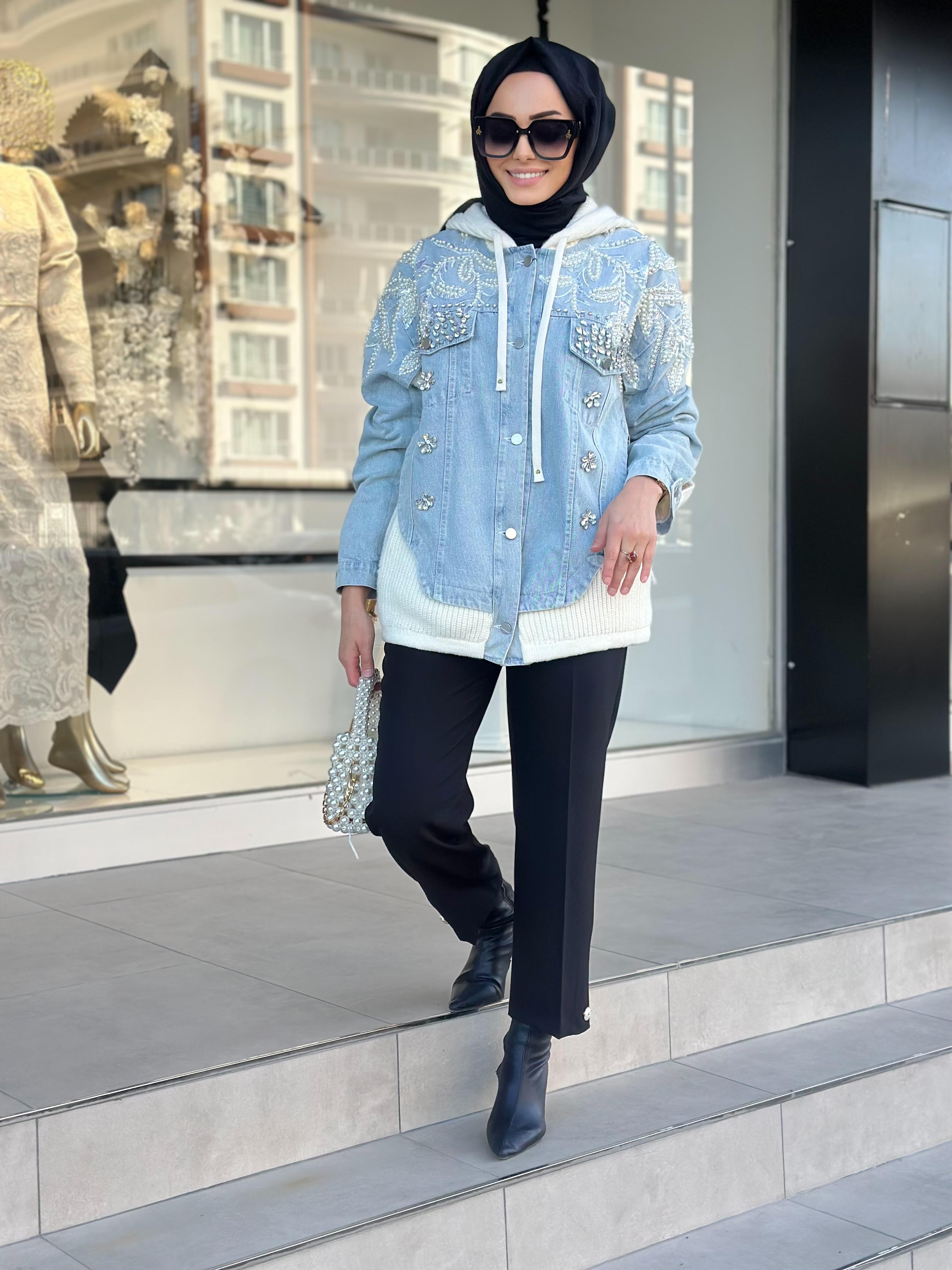 Kapşonlu İthal Kot Ceket-Tac 95137