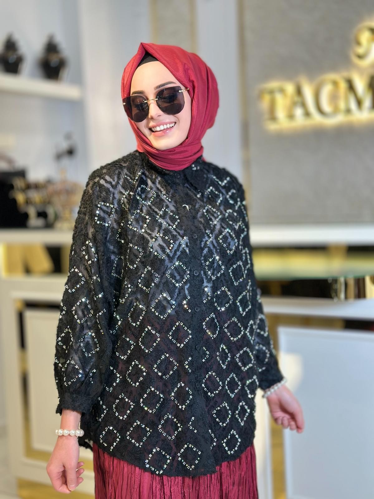 Baklava Desen Gömlek-Tac 50017 - SİYAH