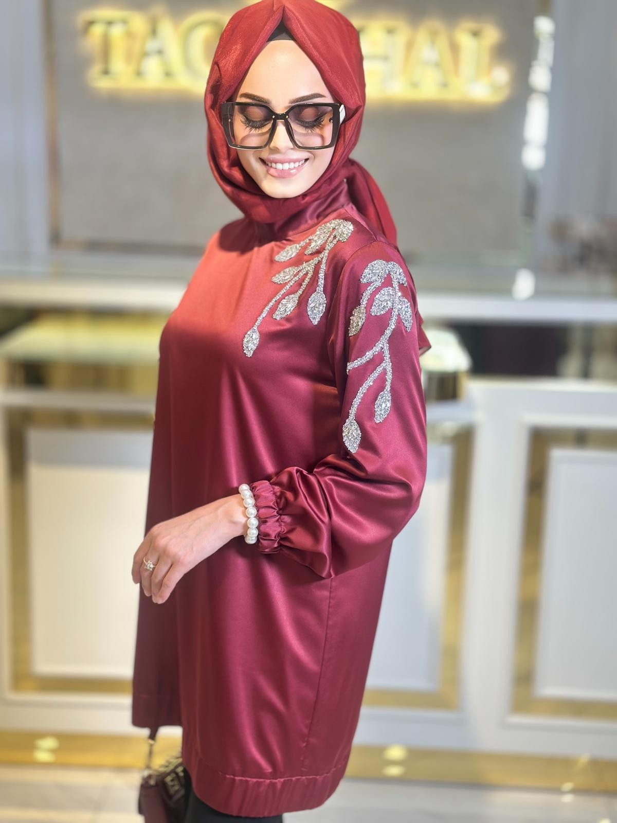 Omuz Taşlı Tunik-Tac 3188 - BORDO