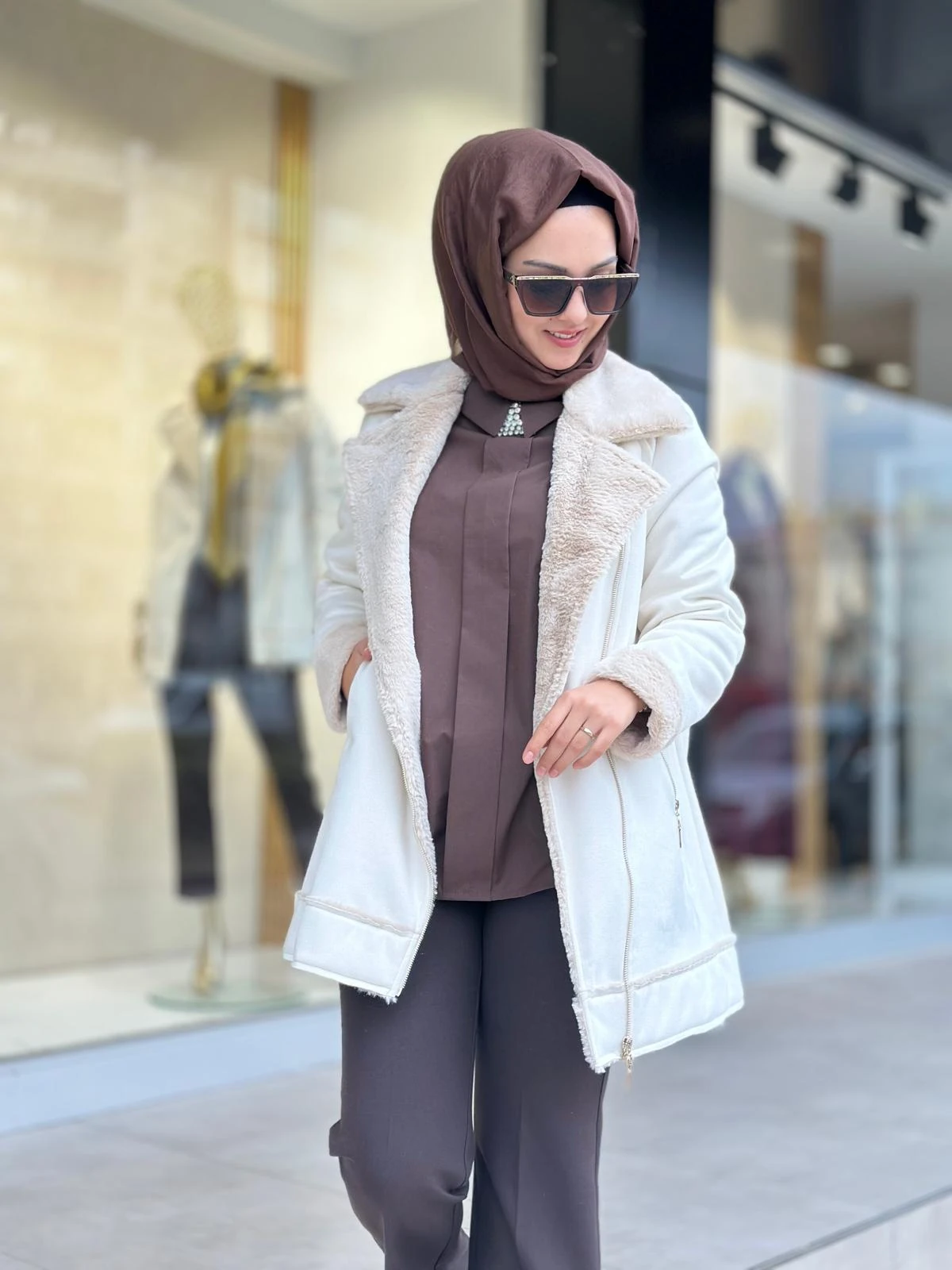 İçi Kürklü Biker Kaban-Tac 2014 - Bej