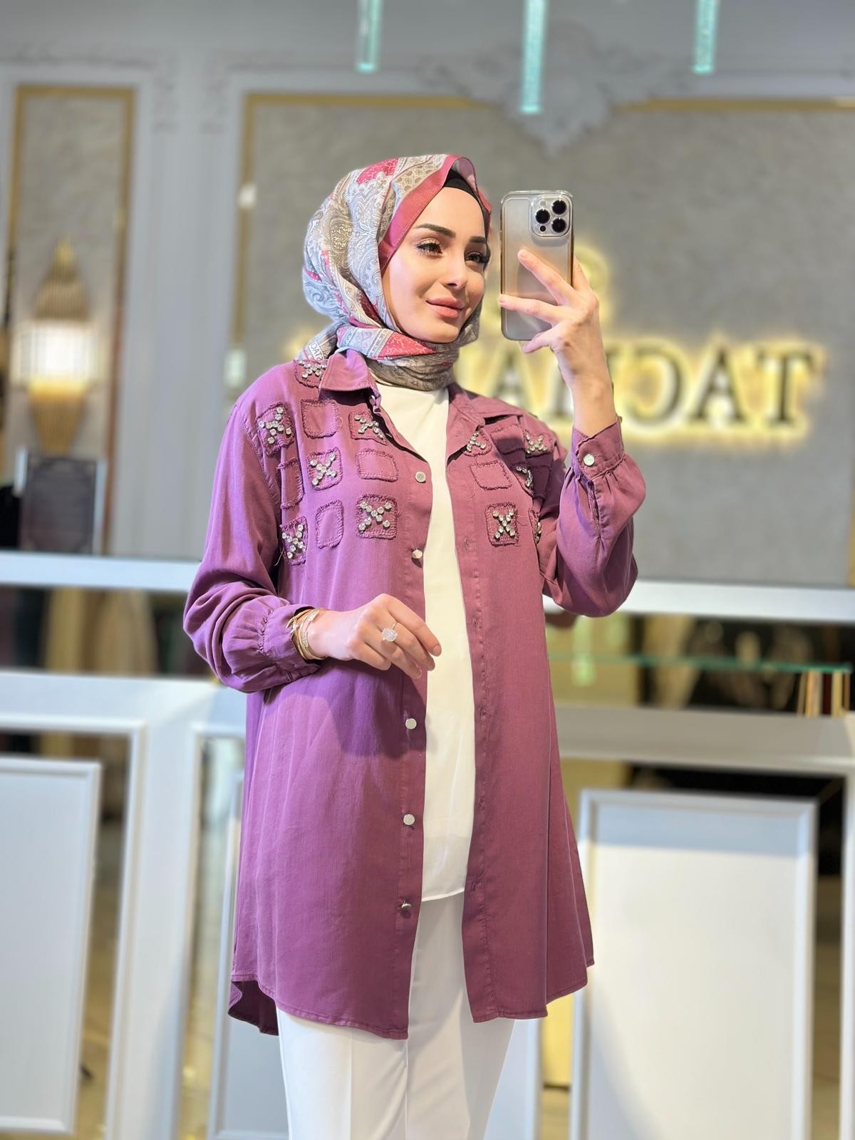 Taşlı Tencel Tunik-Tac 7250