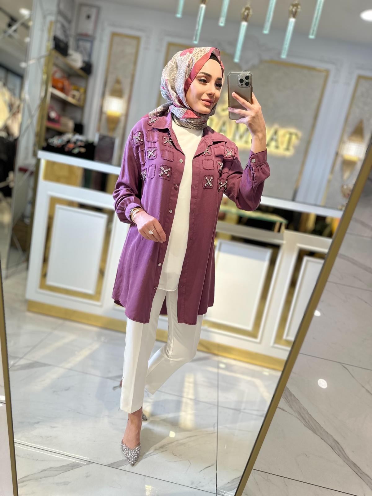 Taşlı Tencel Tunik-Tac 7250