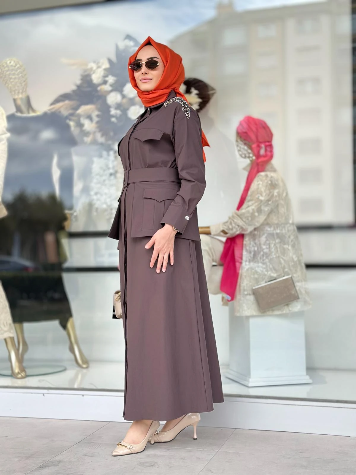 Omzu Taşlı Cepli Elbise-Tac 5606