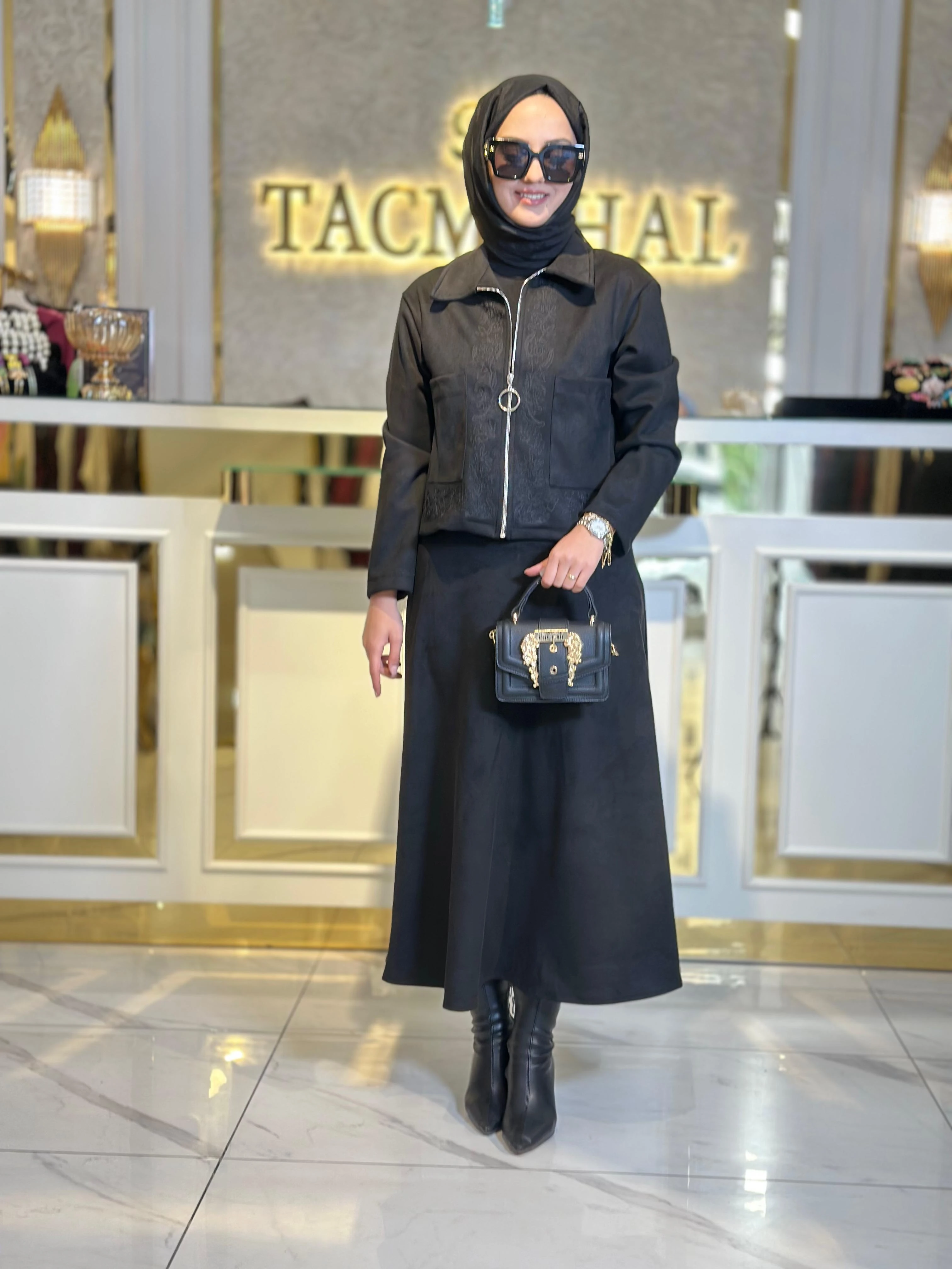 Süet Etekli Takım-Tac 14396 - SİYAH