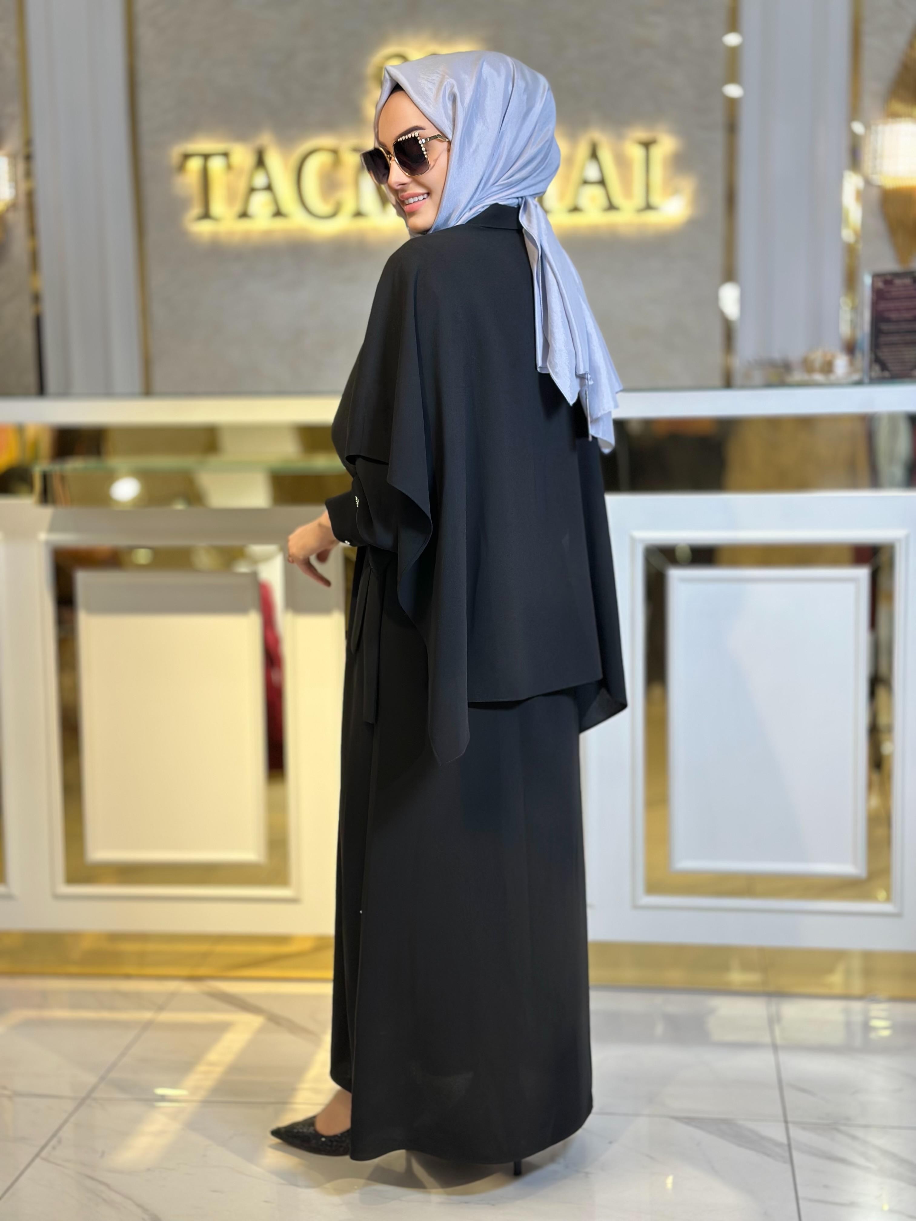 Yakası Taşlı Pelerinli Elbise-Tac 5603