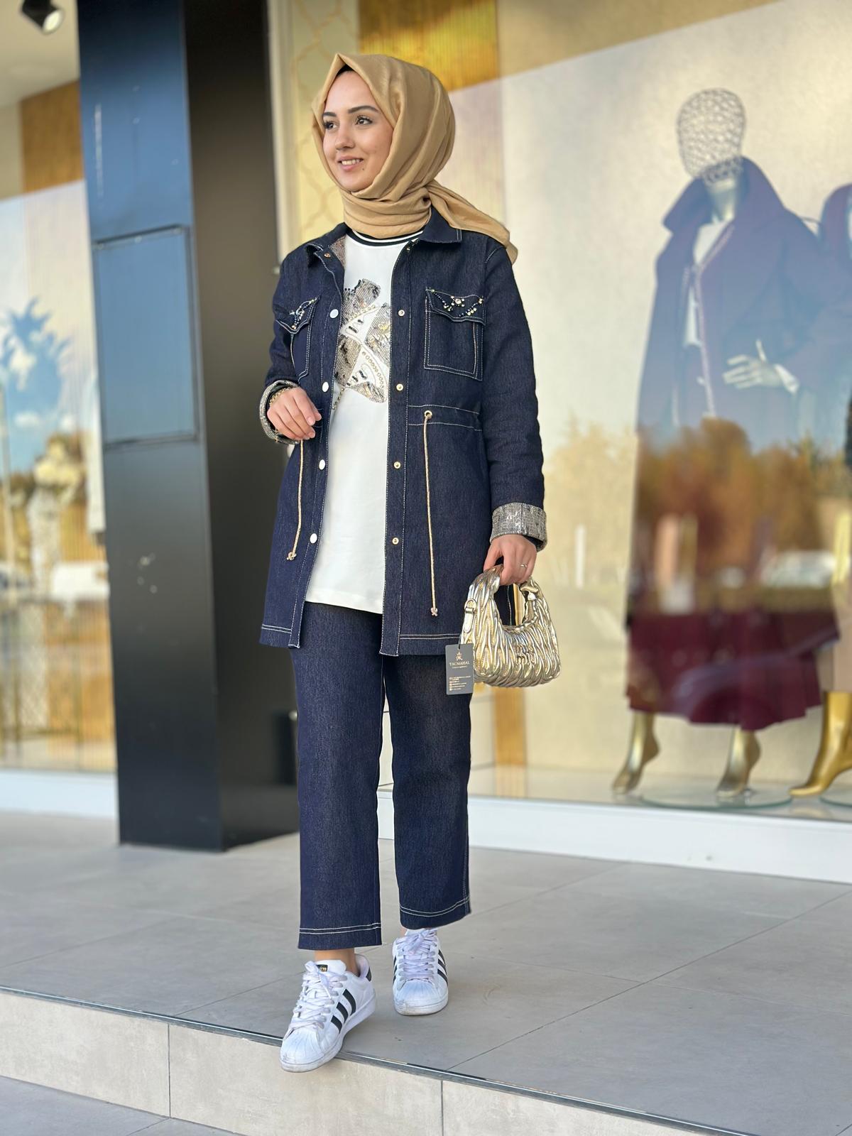 Bel Büzgülü Üçlü Kot Takım-Tac 8901