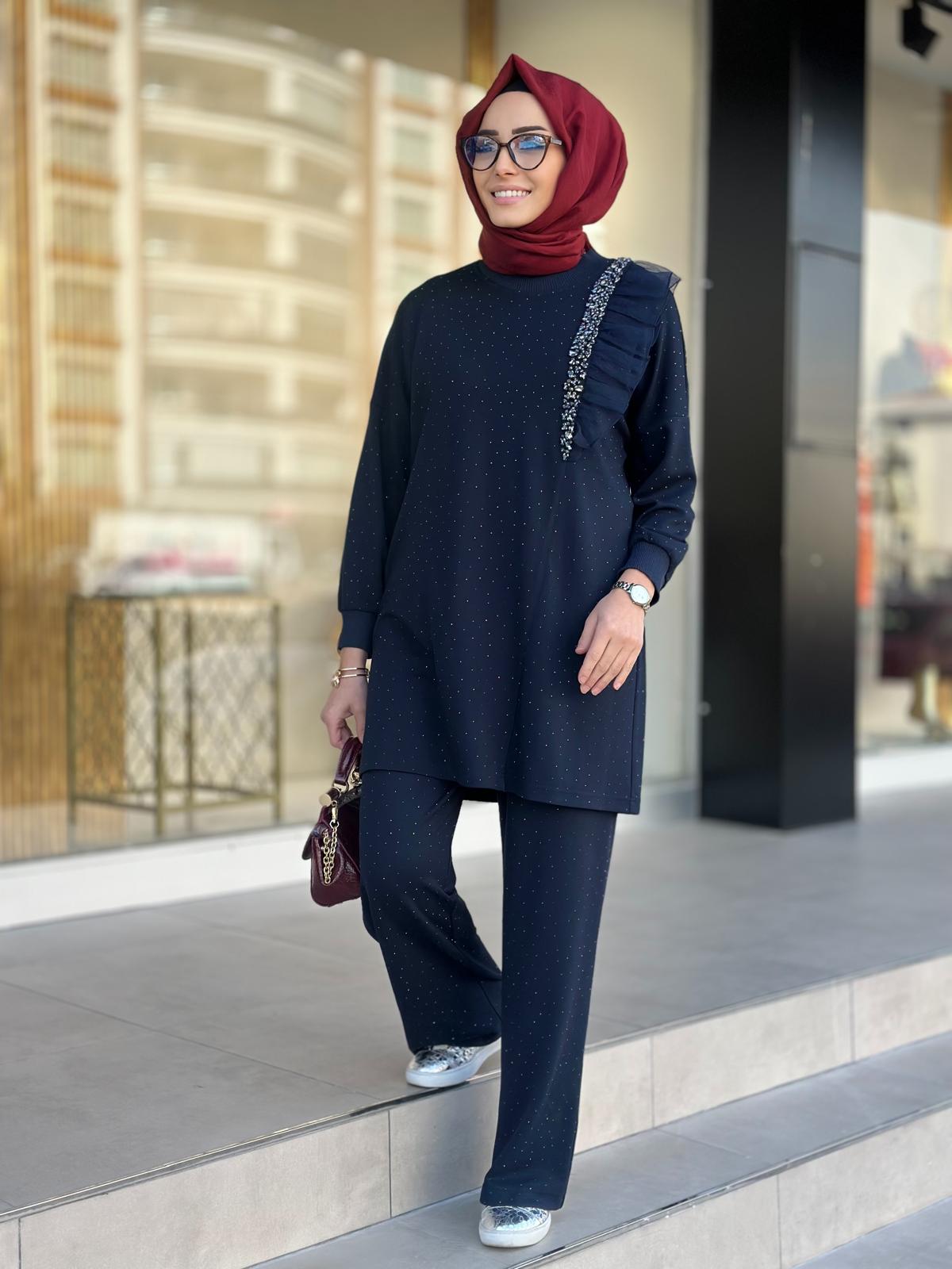 Fırfırlı Taşlı Takım-Tac 8877 - LACİVERT