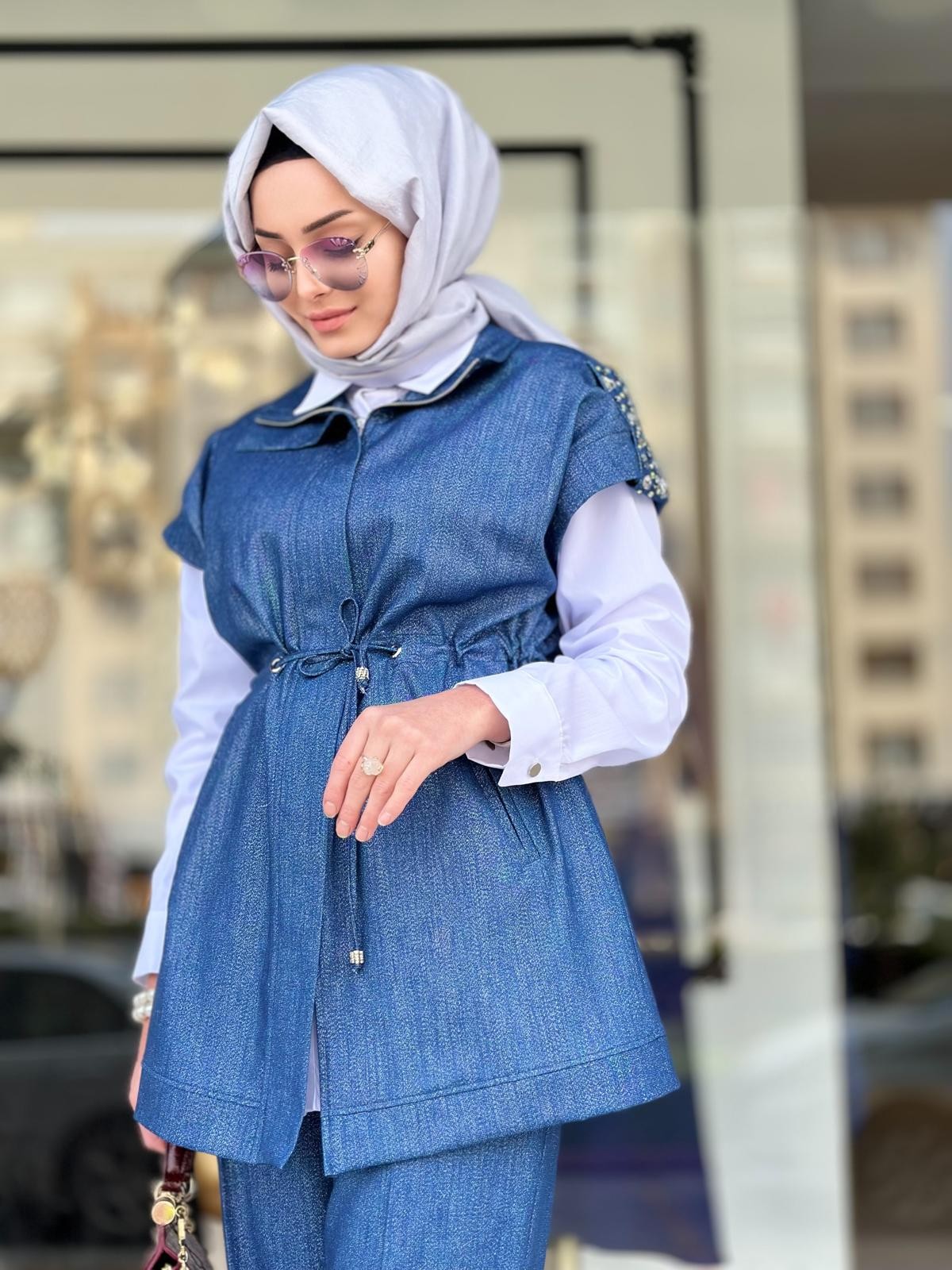 Simli Denim Yelekli Takım-Tac 3013
