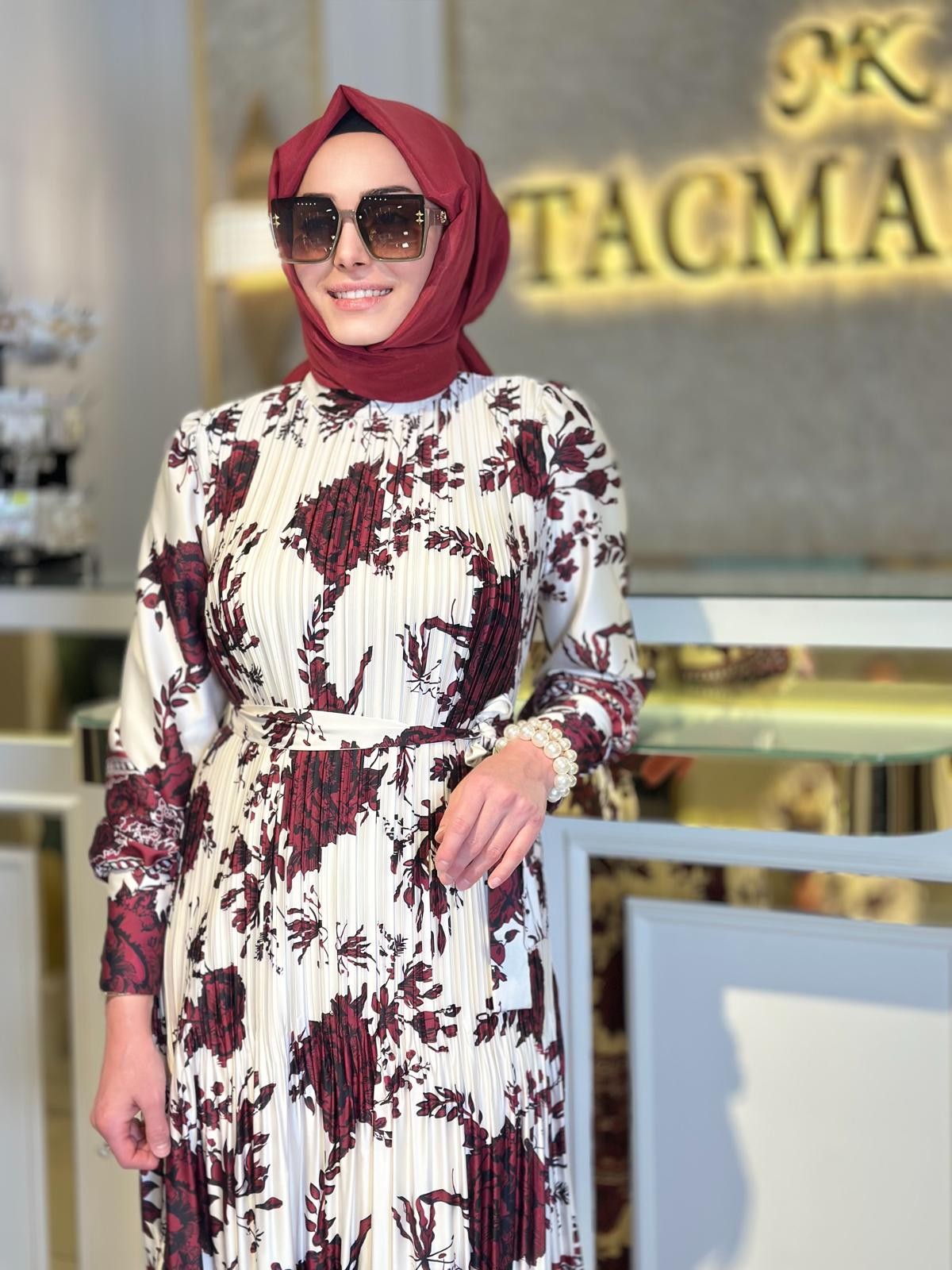 Gül Pliseli Elbise-Tac 1086