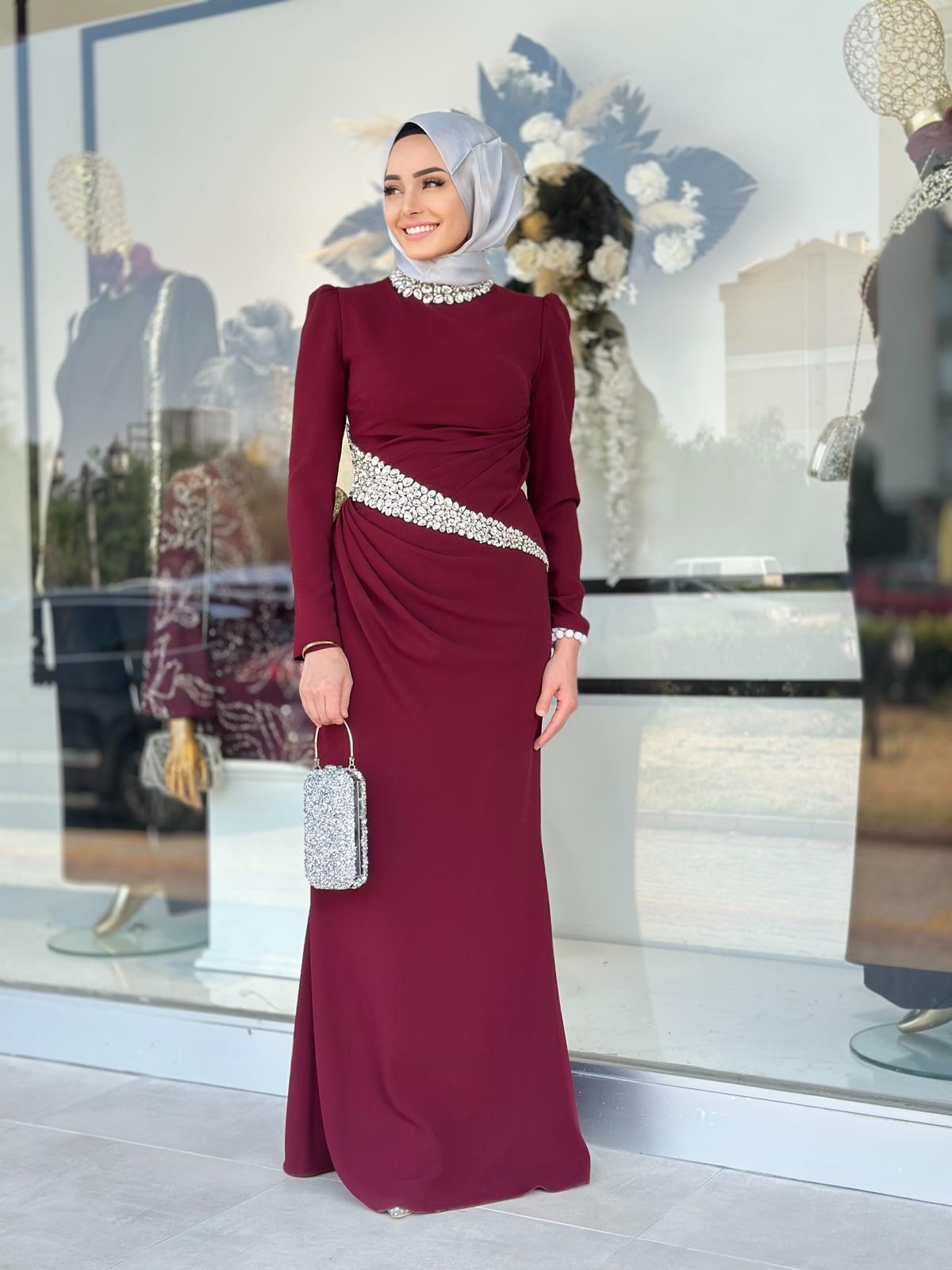 Bel Ve Yakası Taşlı Abiye-Tac 4259