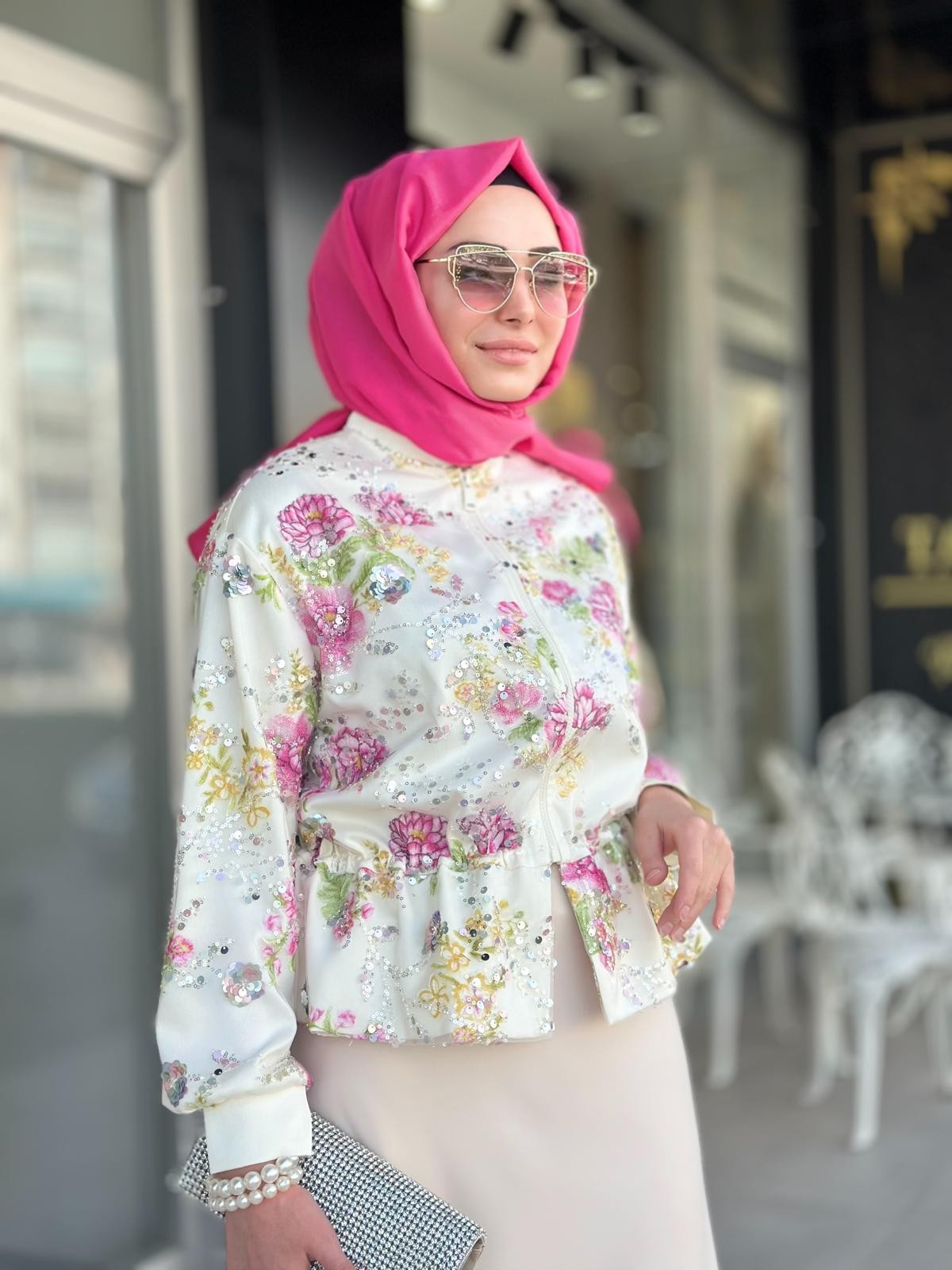 Çiçekli Bomber Ceket-Tac 8041 - Ekru