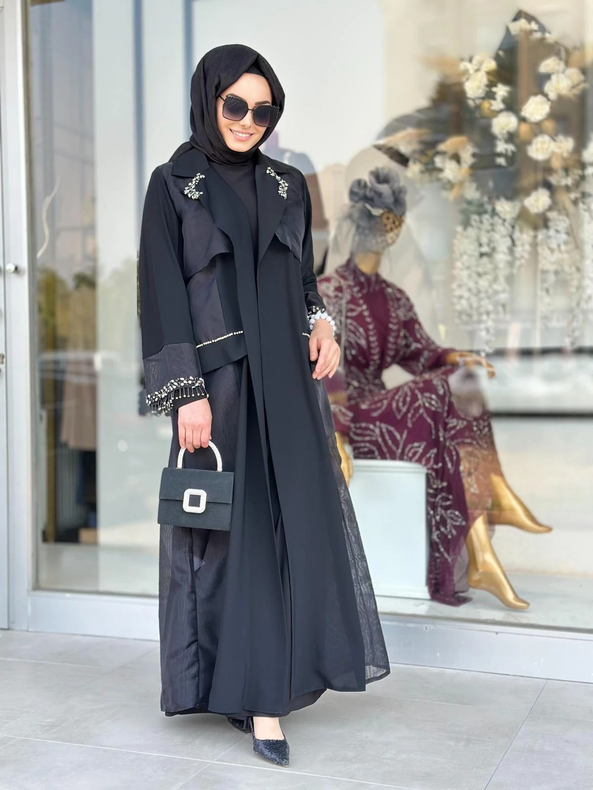 Yaka Ve Kol Taşlı Organze Ceket-Tac 6252