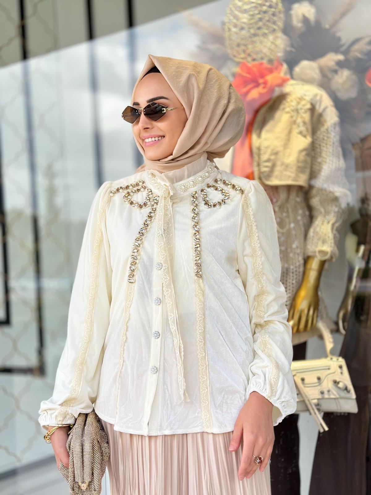 Kadife İthal Gömlek-Tac 95149 - Ekru