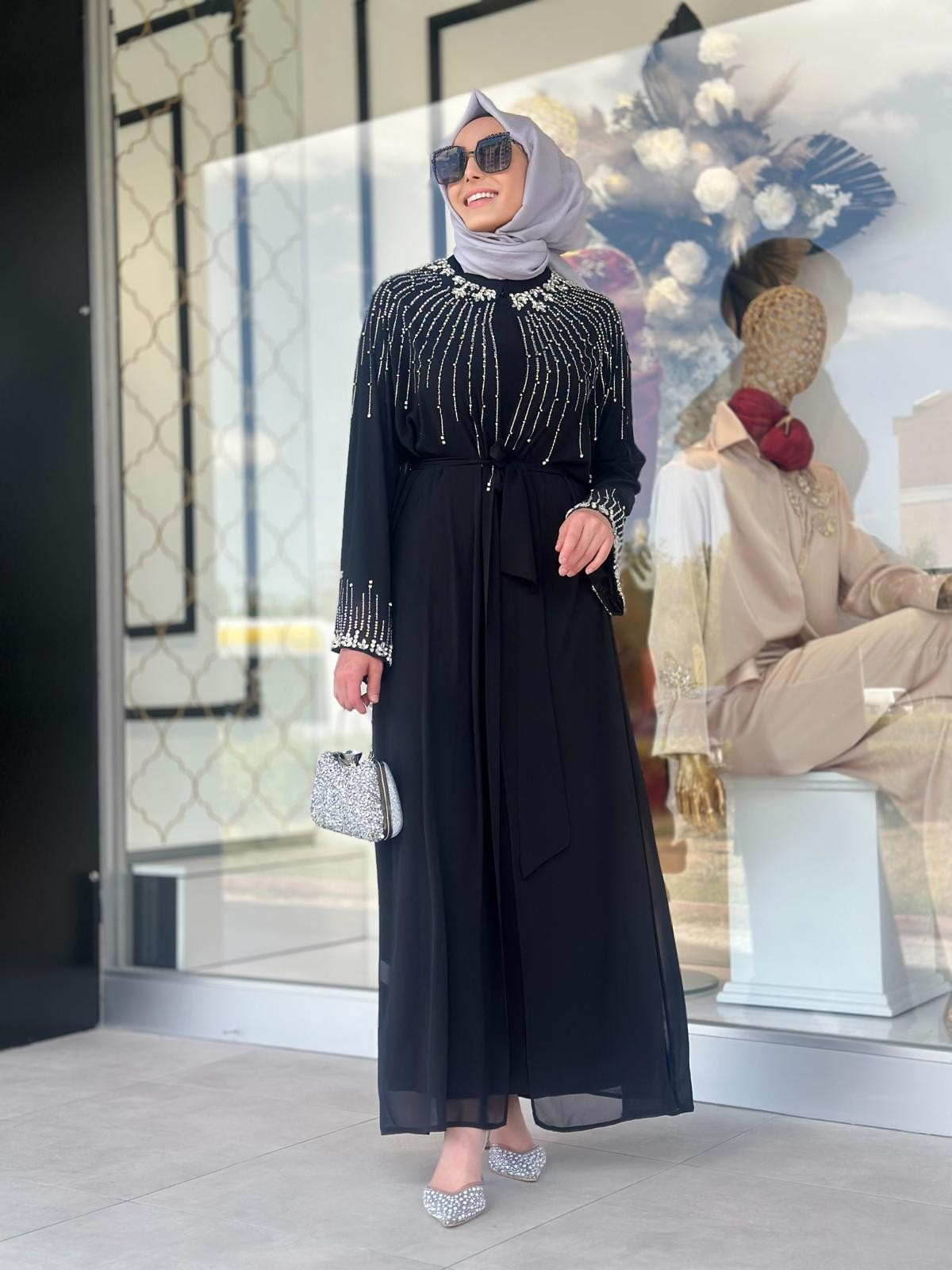 Yaka Ve Kol Uçları Taşlı Abaya-Tac 6178