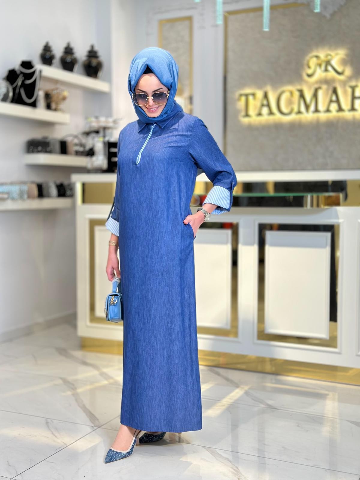 Çizgili Poplin Denim Elbise-Tac 2086
