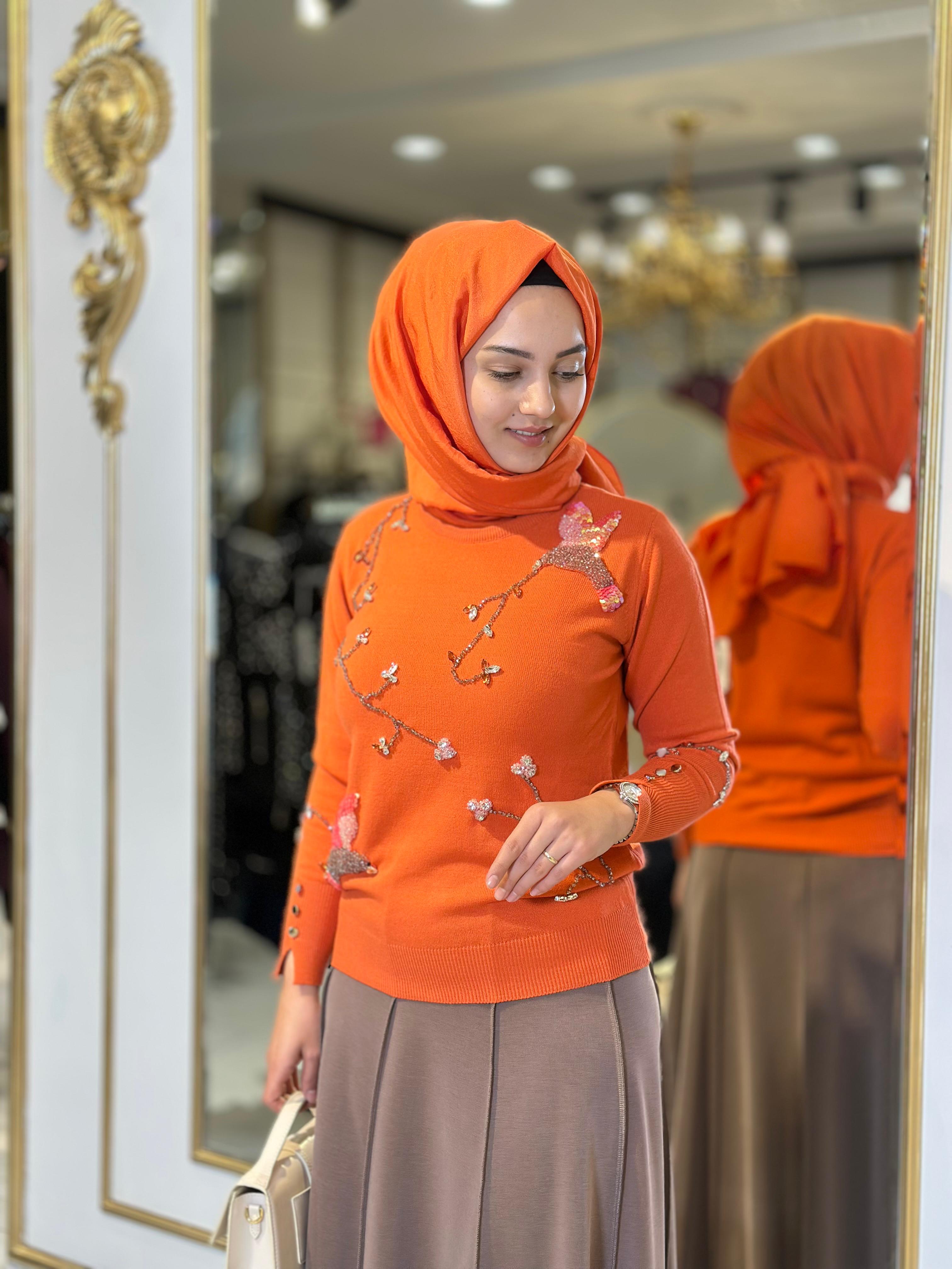 Kuş Boncuk Det.Triko Bluz-Tac 17017 - ORANJ