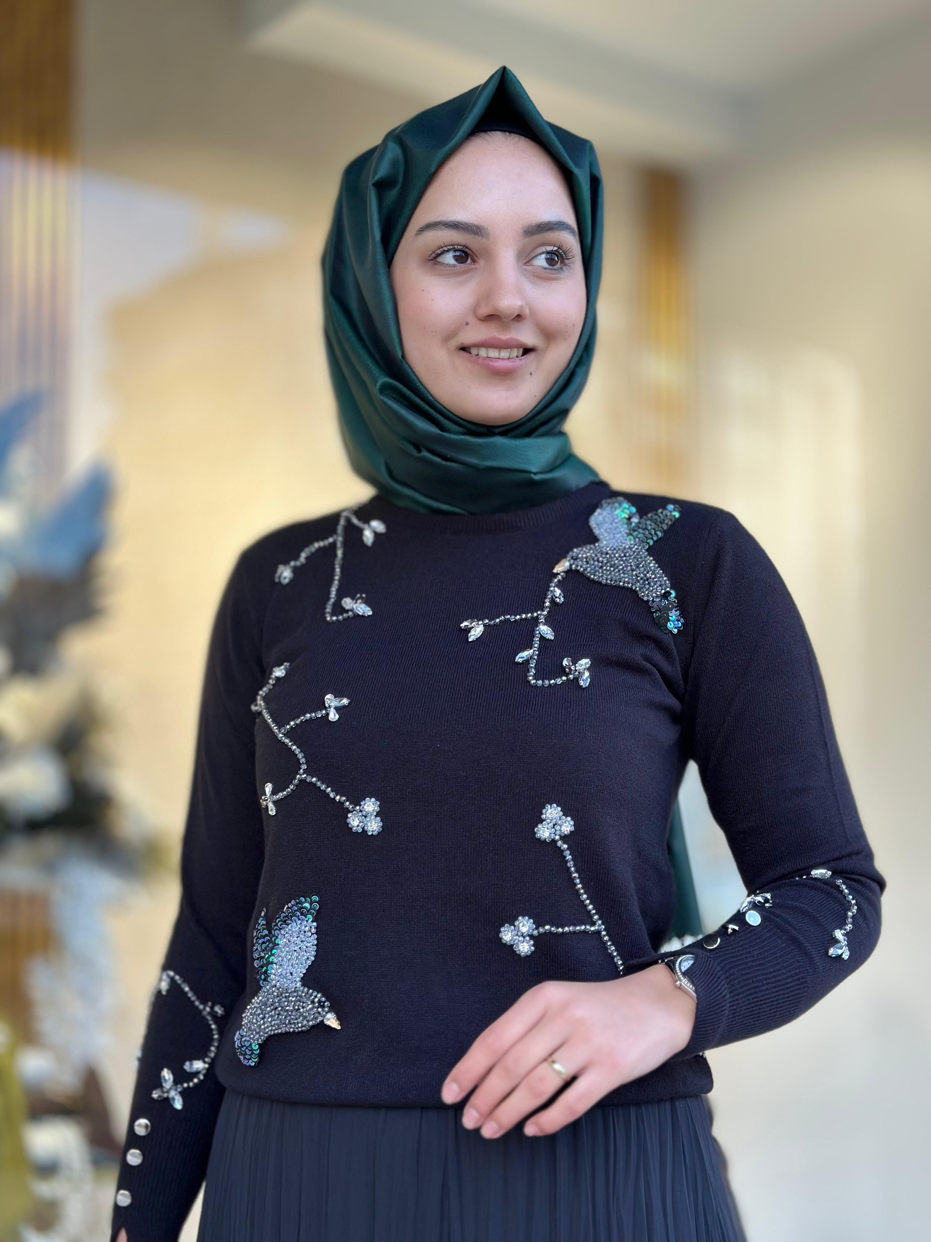 Kuş Boncuk Det.Triko Bluz-Tac 17017 - SİYAH