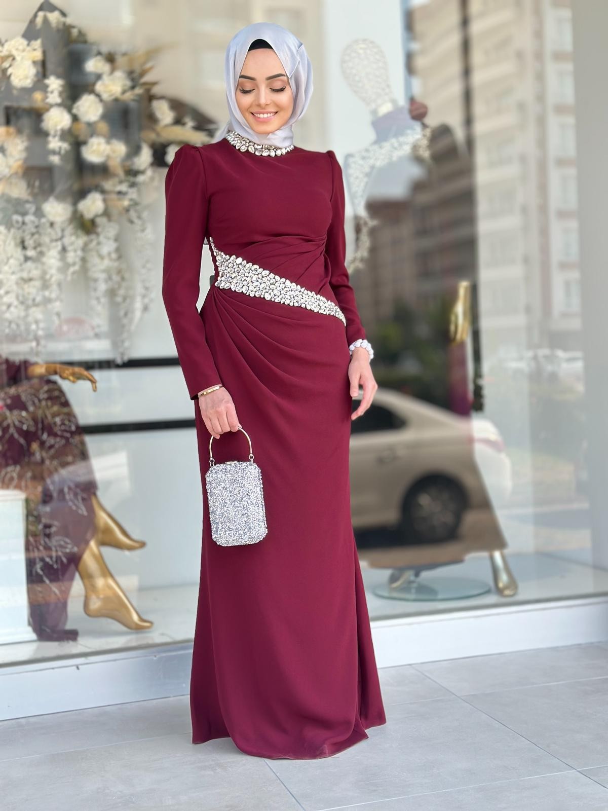 Bel Ve Yakası Taşlı Abiye-Tac 4259