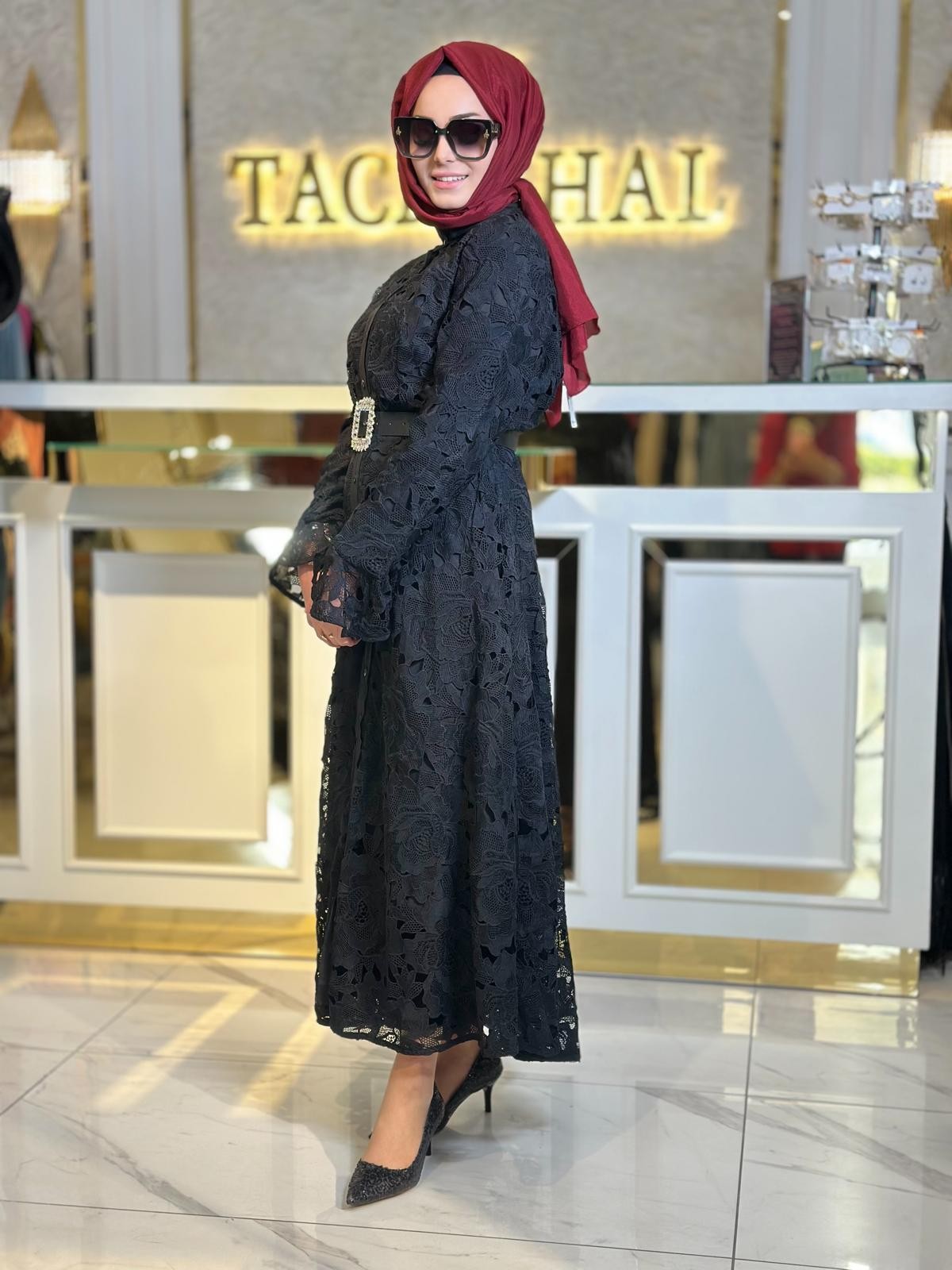 İthal İşlemeli Güpür Elbise-Tac 50048