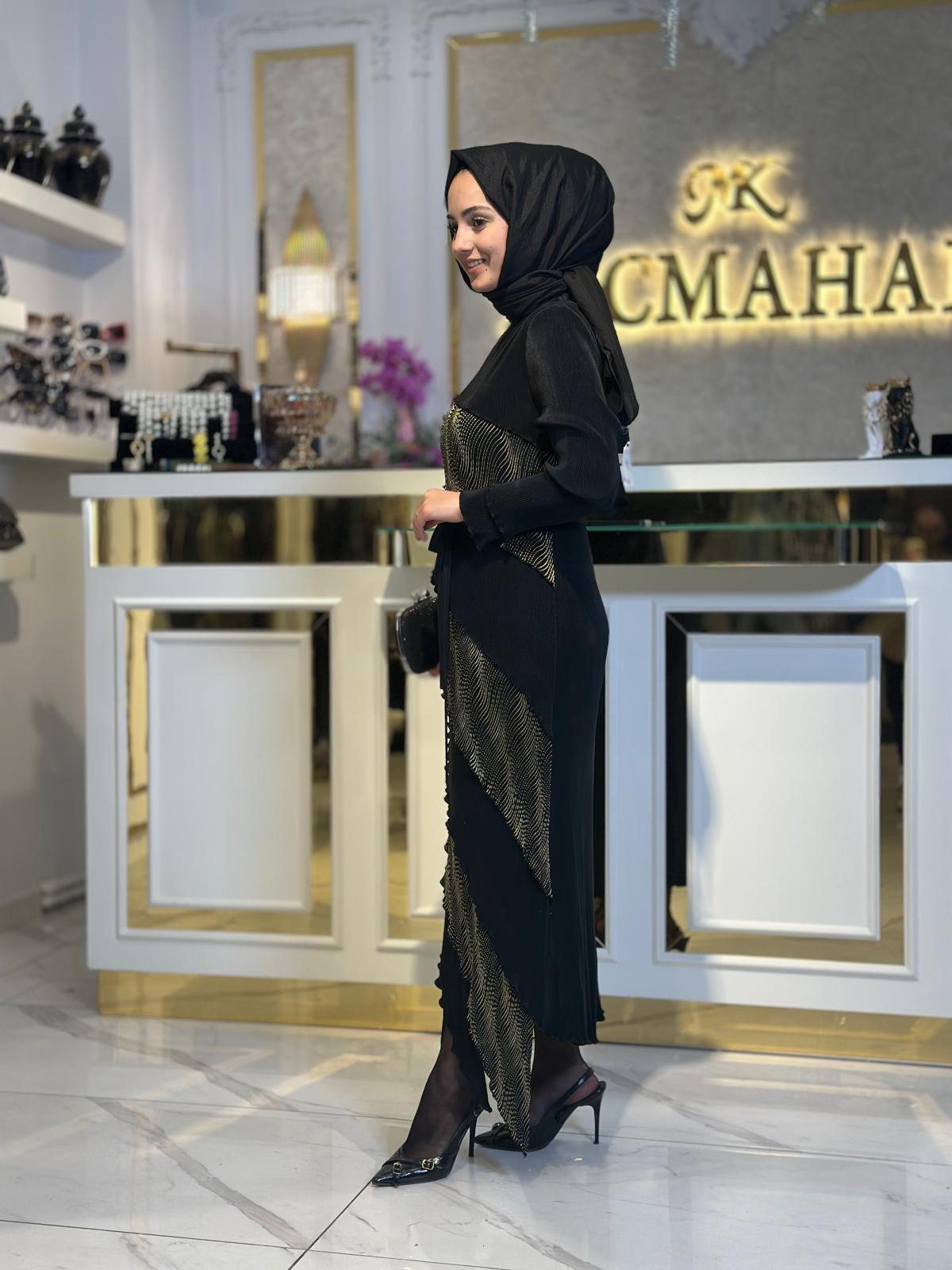 Gold Yan Şeritli Elbise-Tac 85265