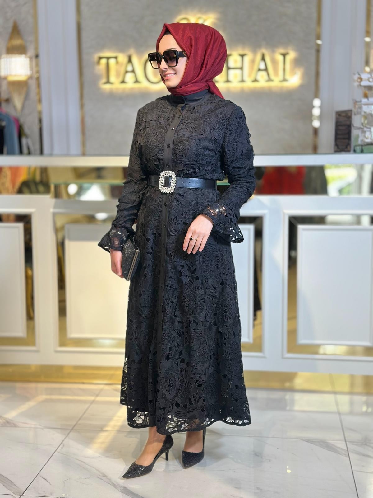 İthal İşlemeli Güpür Elbise-Tac 50048