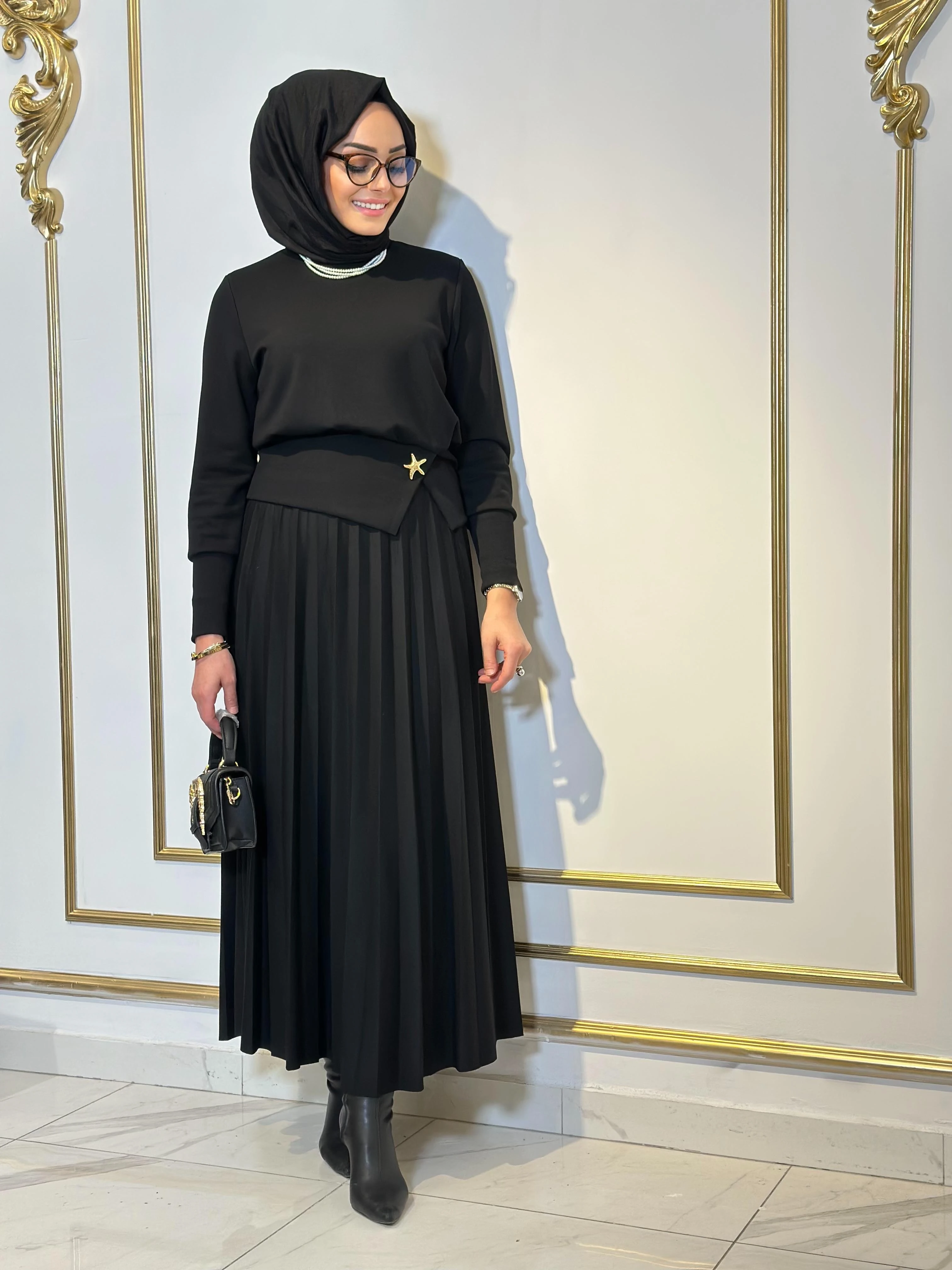 Pliseli Örme Takım-Tac 1596 - SİYAH