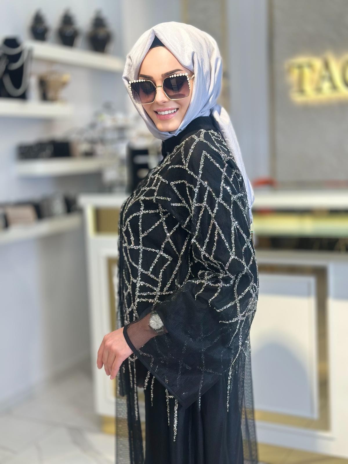 Taş Baskılı Tül Abaya-Tac 6227