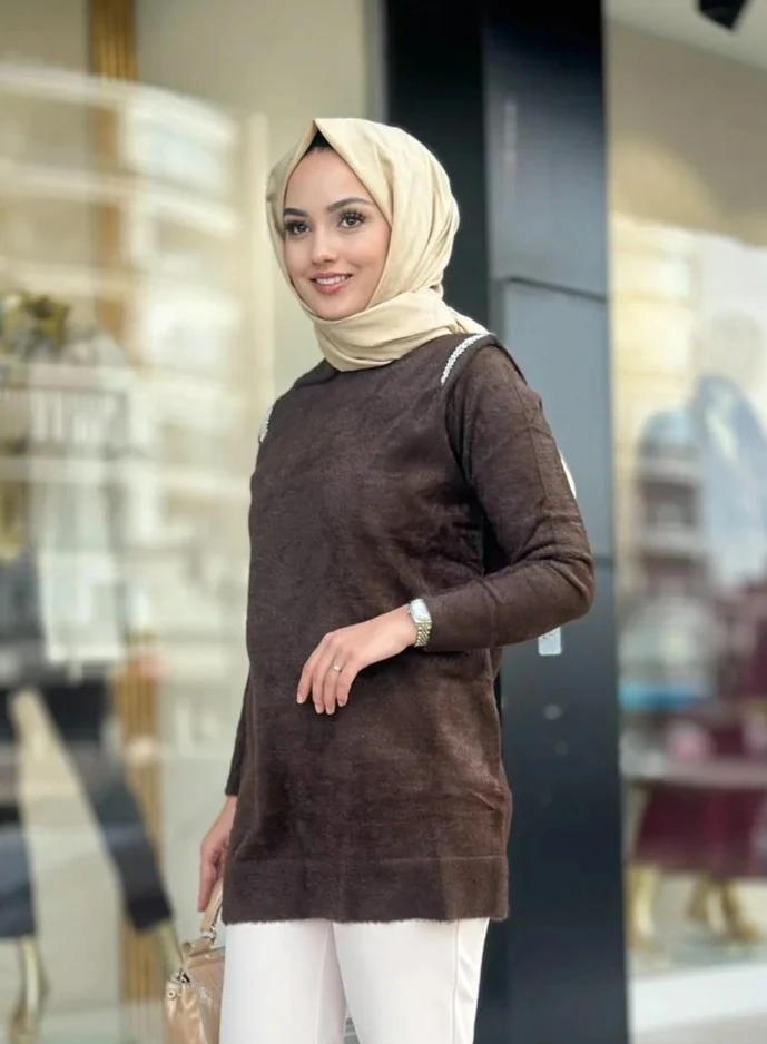 Omuzları Taşlı Angora Tunik-Tac 140443 - KAHVERENGİ