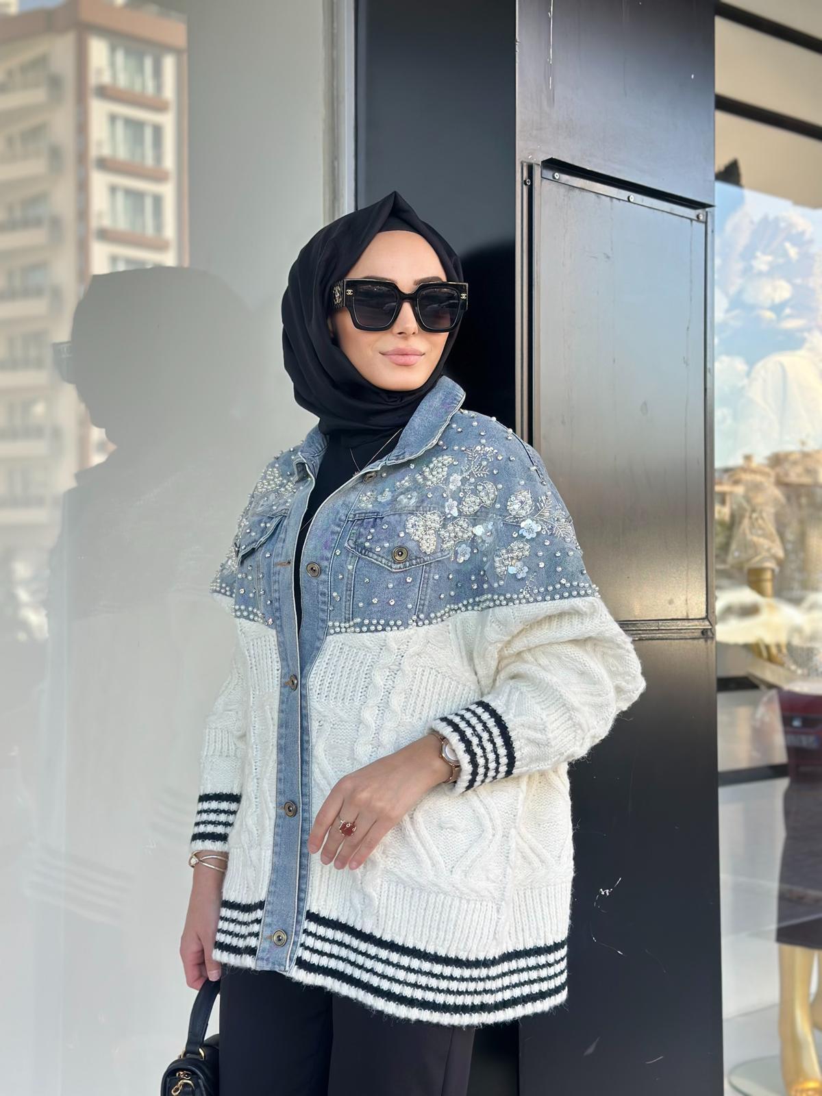 Örgü Det.İthal Kot Ceket-Tac 95138 - Ekru