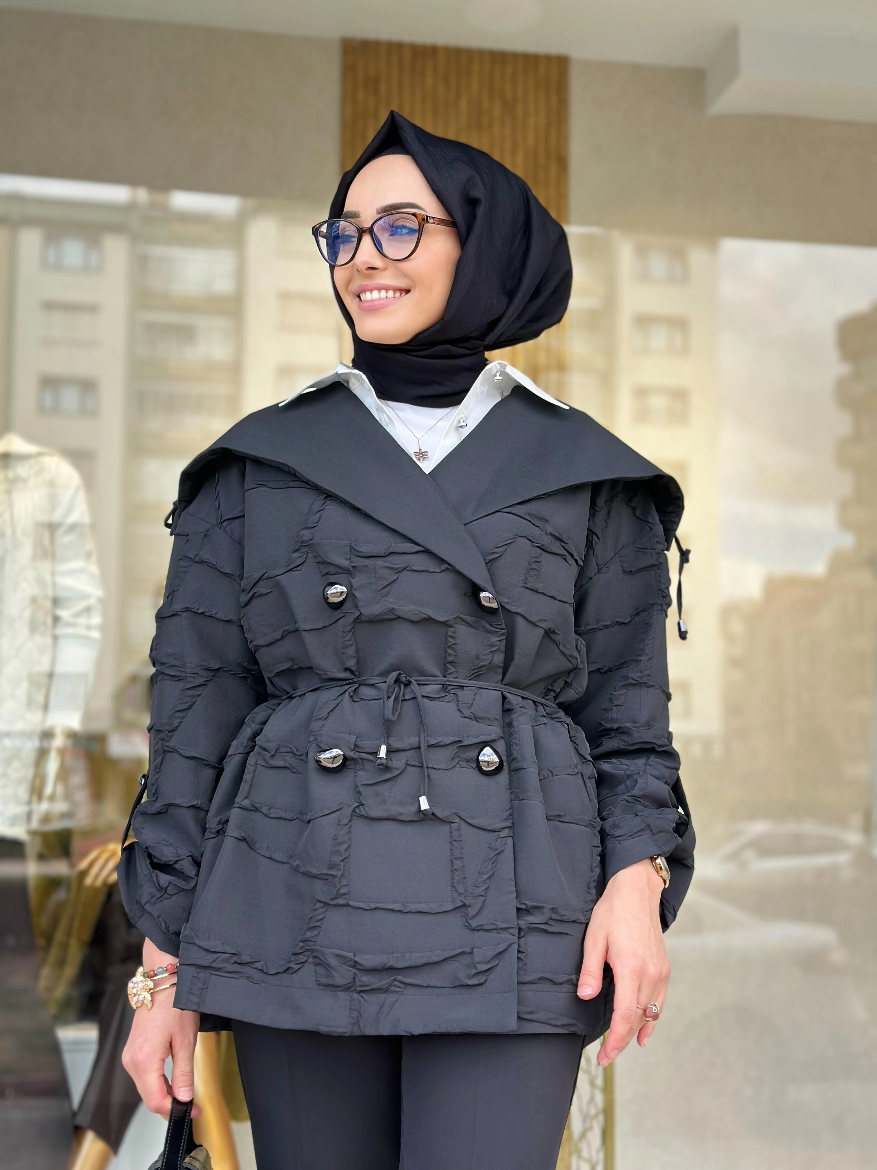 Düğmeli Jakar Ceket-Tac 7971 - SİYAH