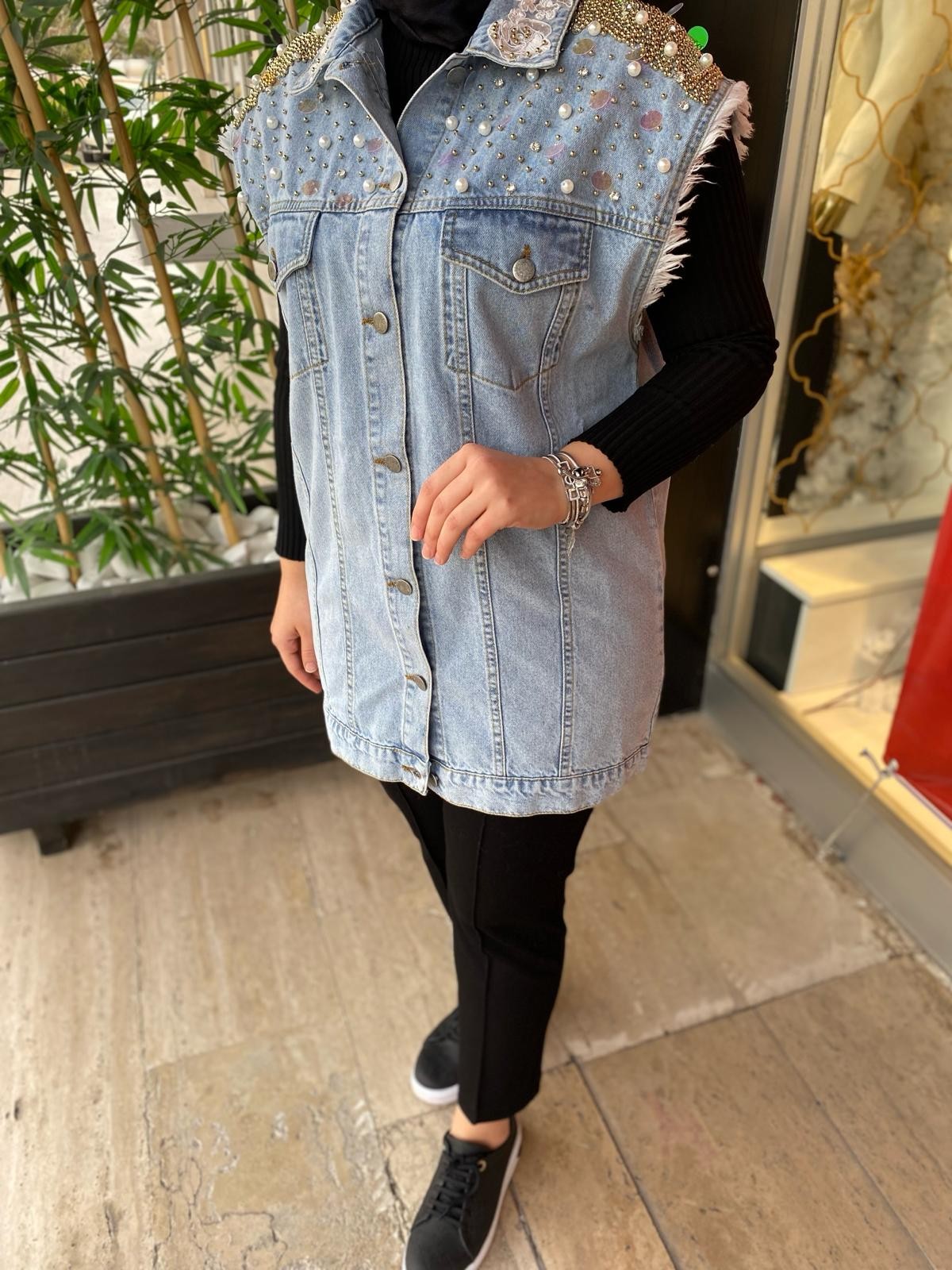 Denim Gül Boncuk Yelek Tac7151