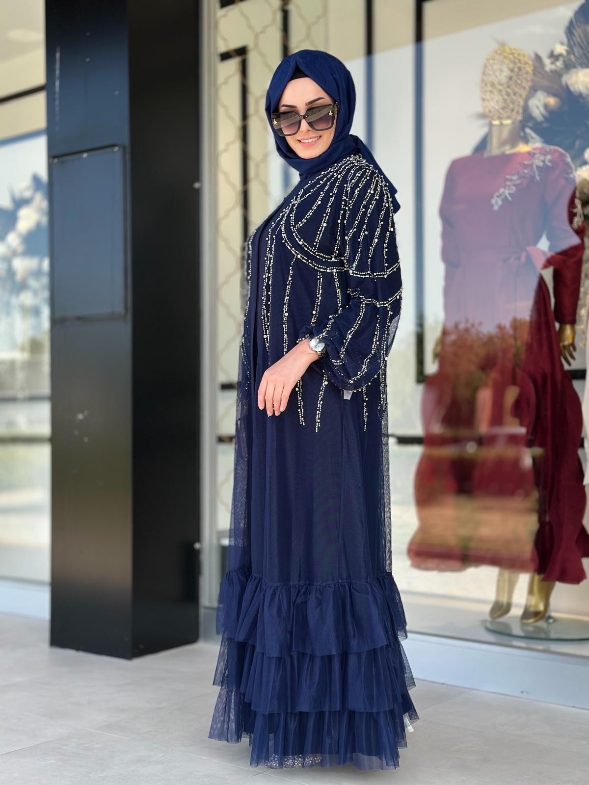 Taşlı Tül Çakım Abaya-Tac 6184