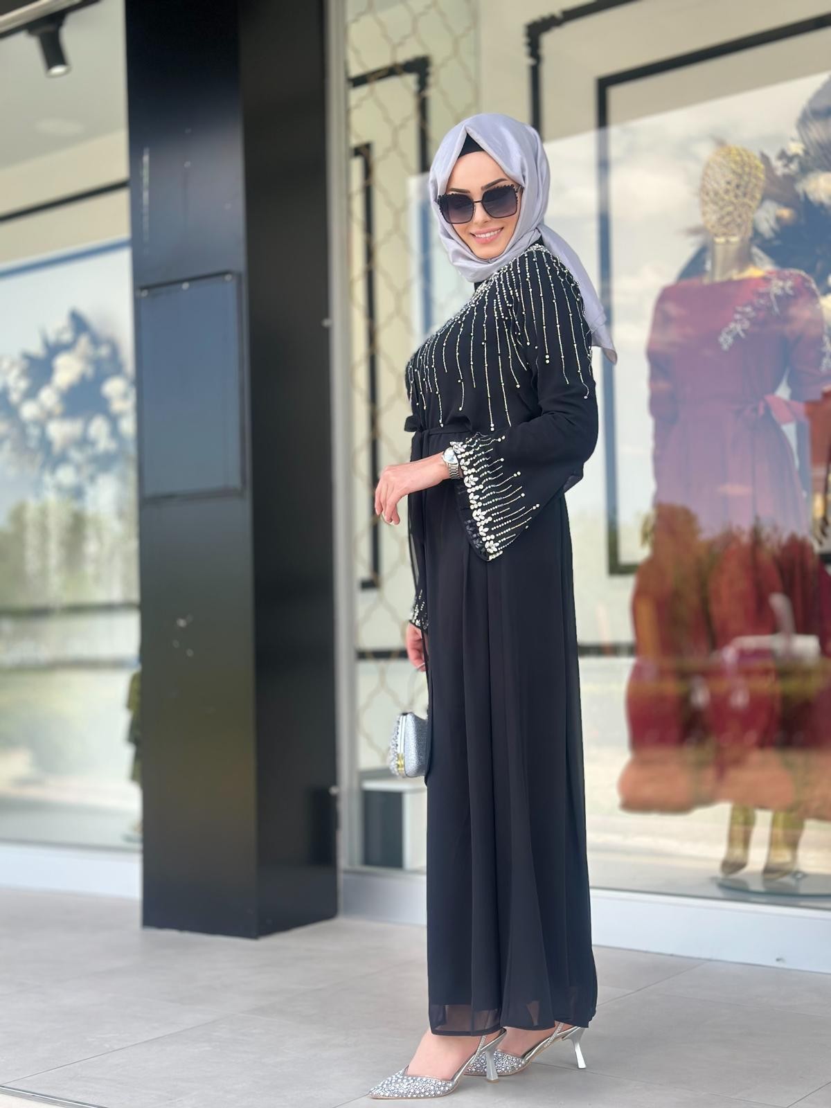 Yaka Ve Kol Uçları Taşlı Abaya-Tac 6178