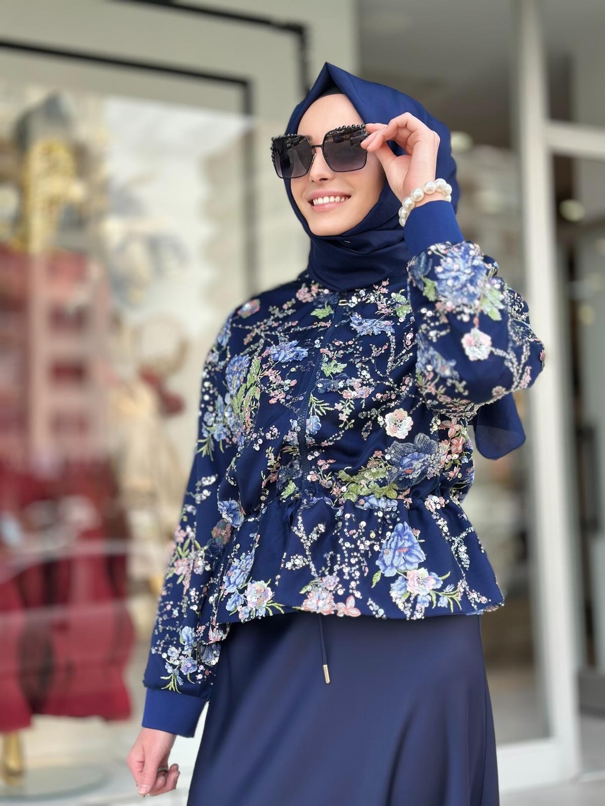 Çiçekli Bomber Ceket-Tac 8041 - LACİVERT