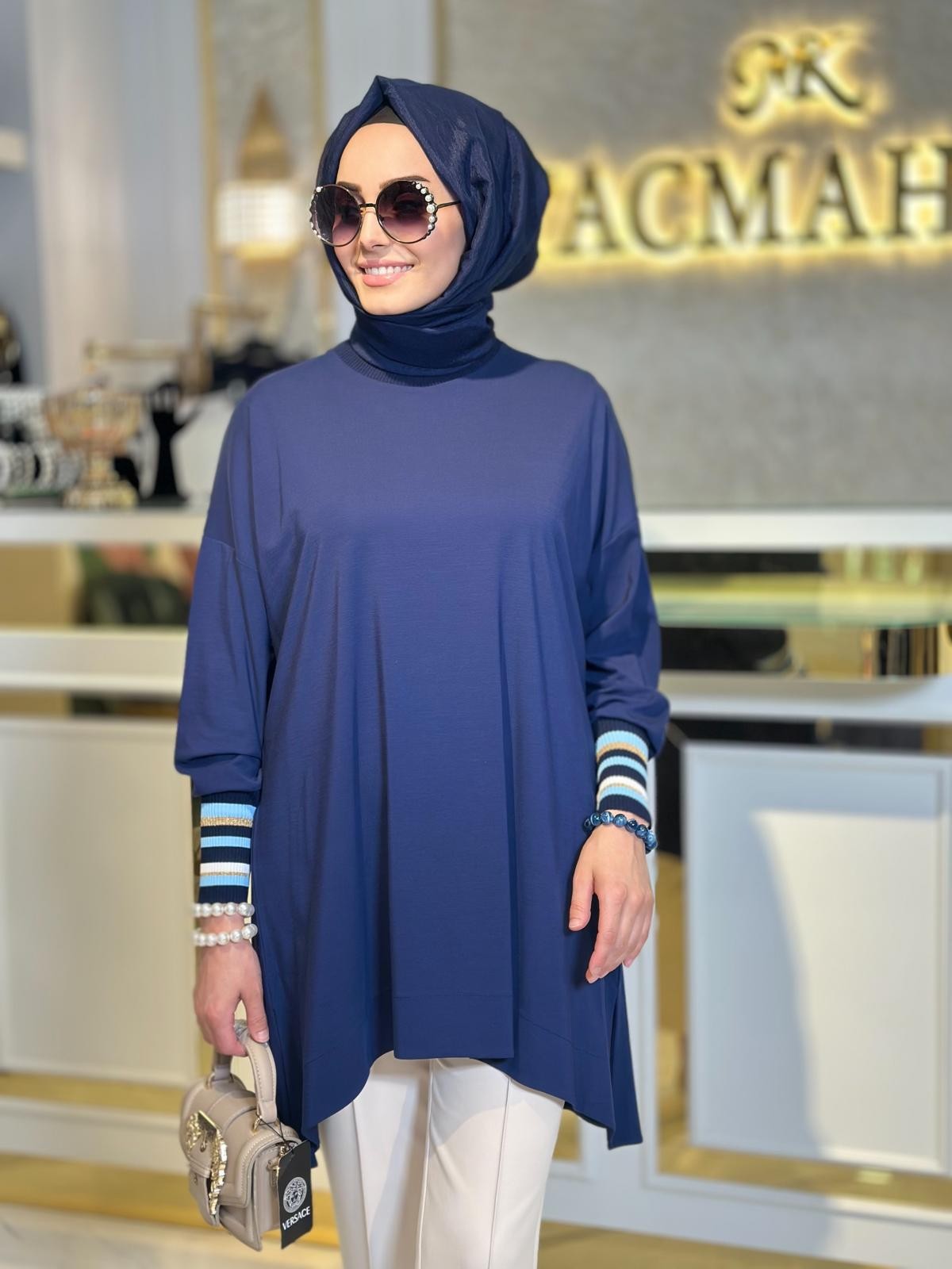 Manşetleri Çizgili Tunik-Tac 3067 - LACİVERT