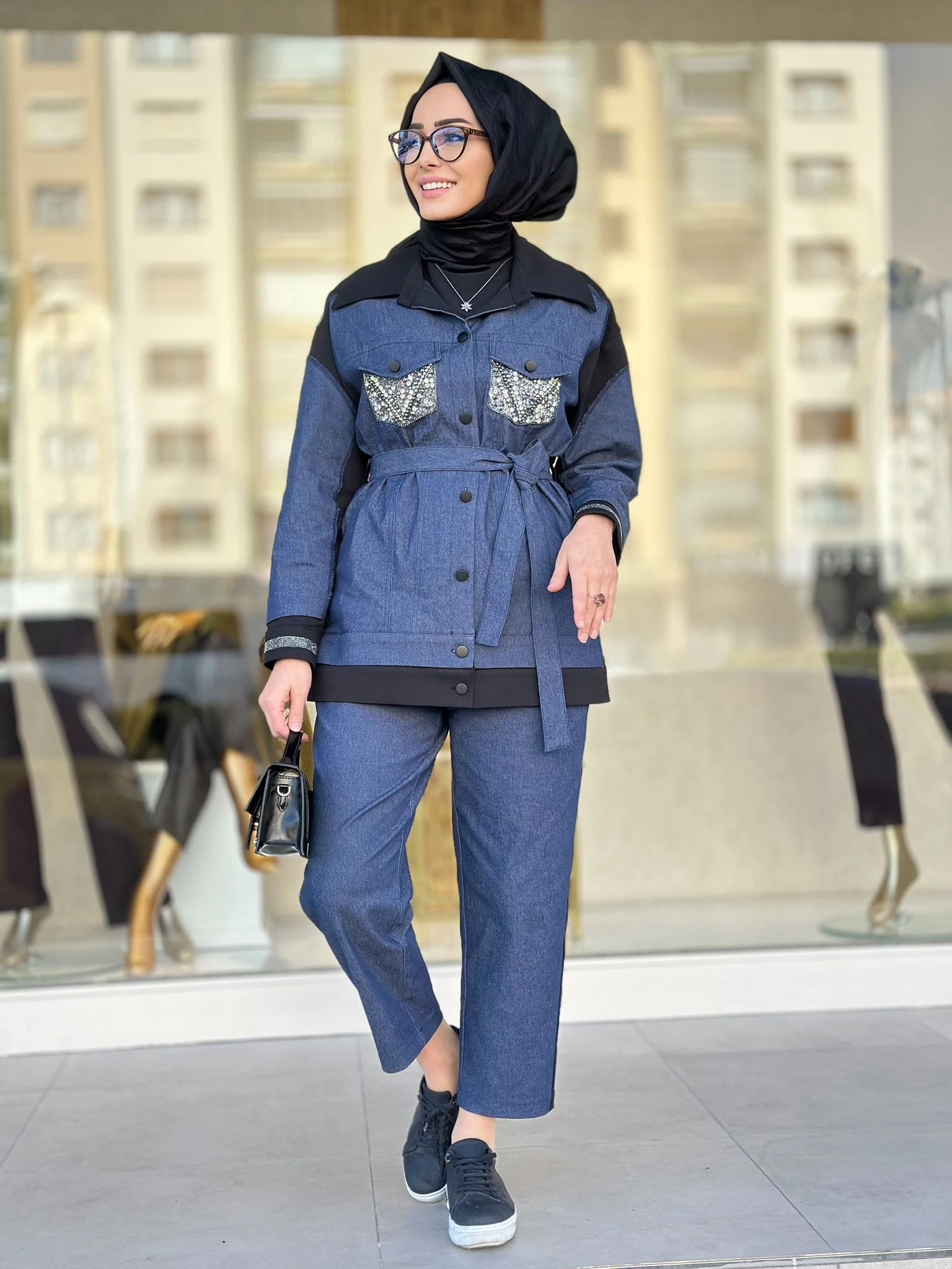 Cepleri Taşlı Jean Pant. Takım-Tac 7969 - LACİVERT