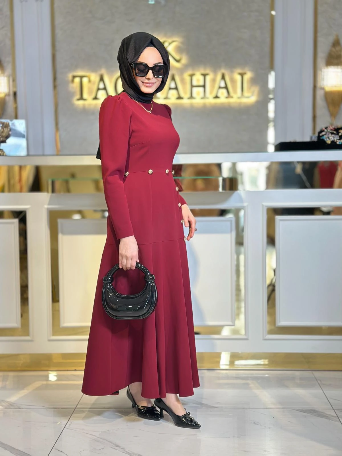 Gold Düğmeli Volan Elbise-Tac 4003