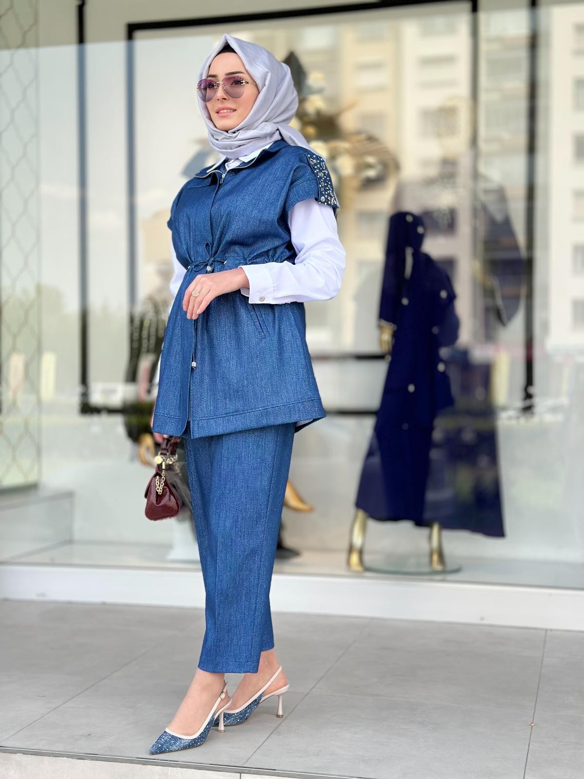 Simli Denim Yelekli Takım-Tac 3013