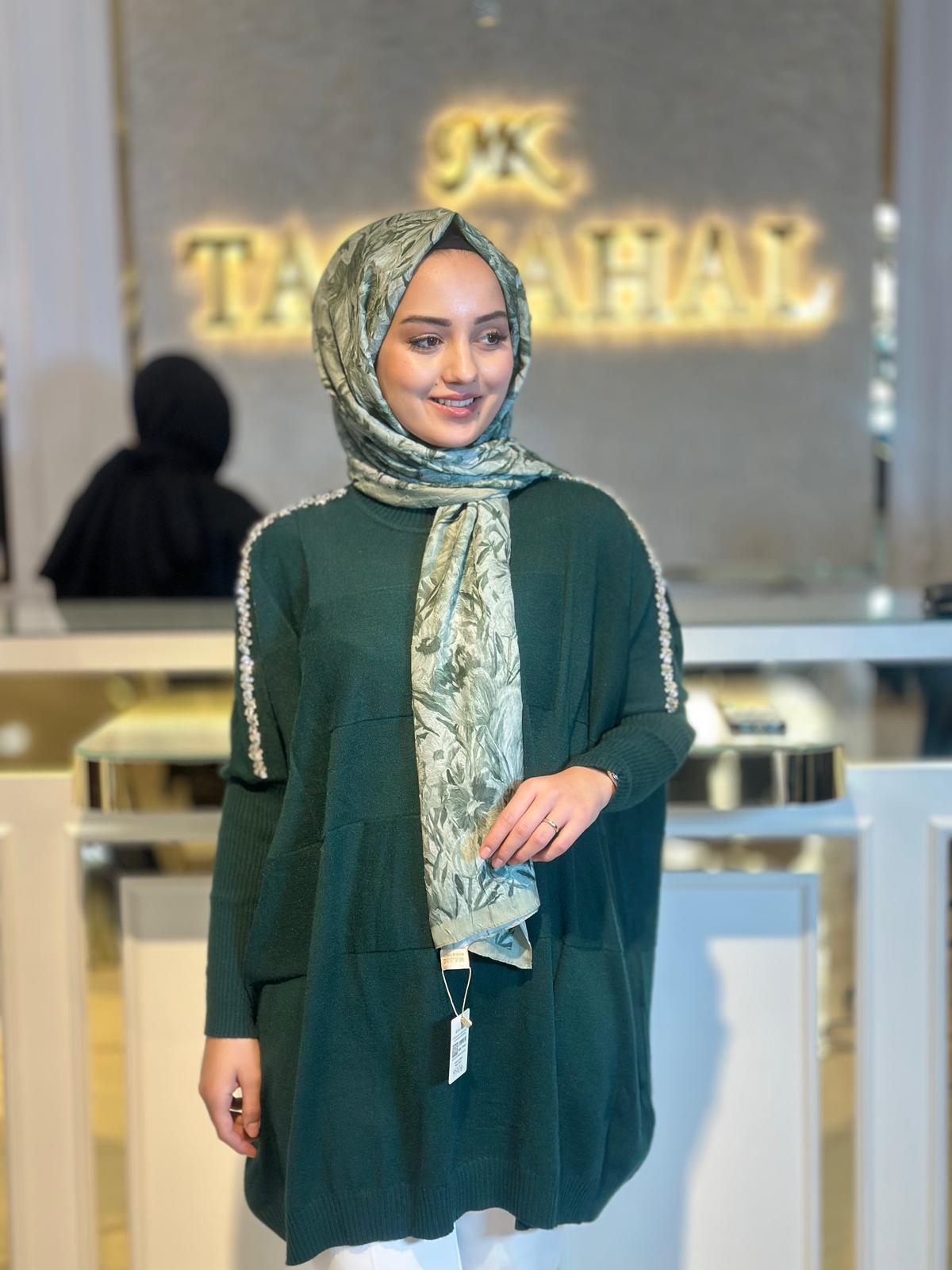 Taşlı Yarasa Kollu Triko Tunik-Tac 21737 - ZÜMRÜT YEŞİL