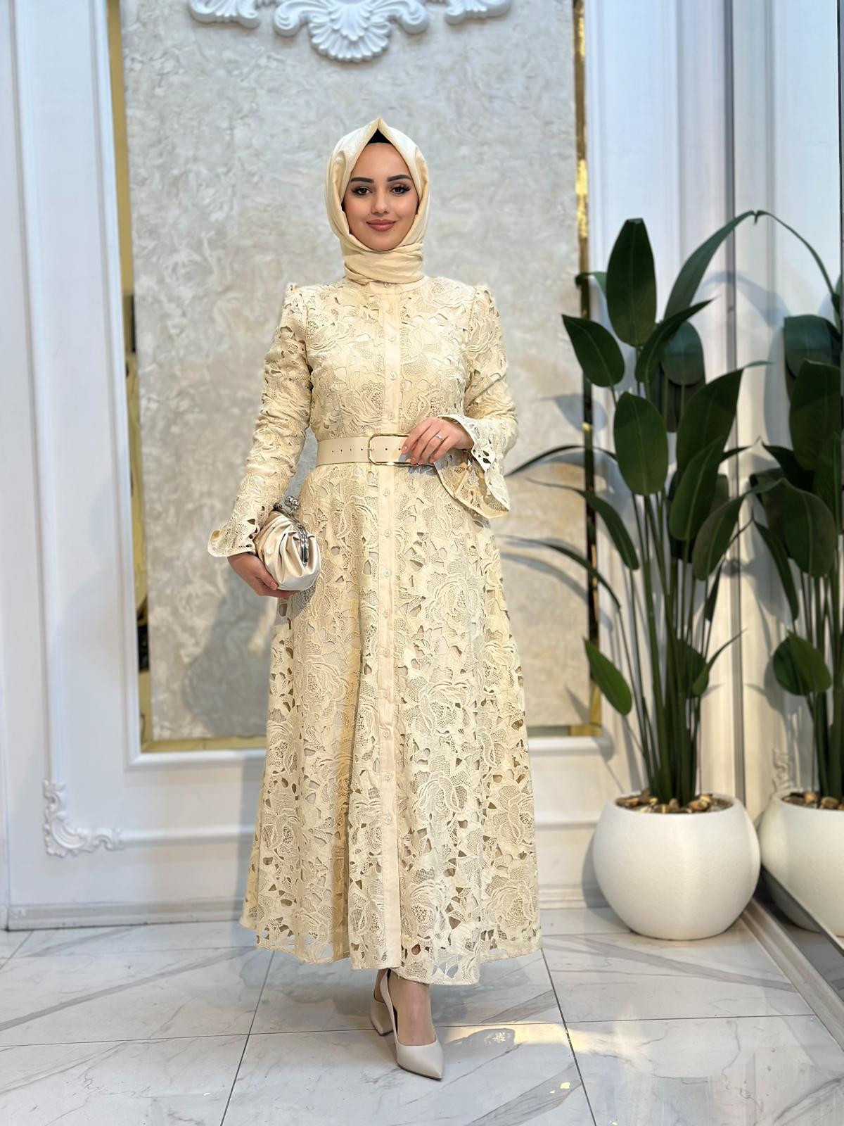 İthal Güpür Elbise-Tac 54196 - KREM