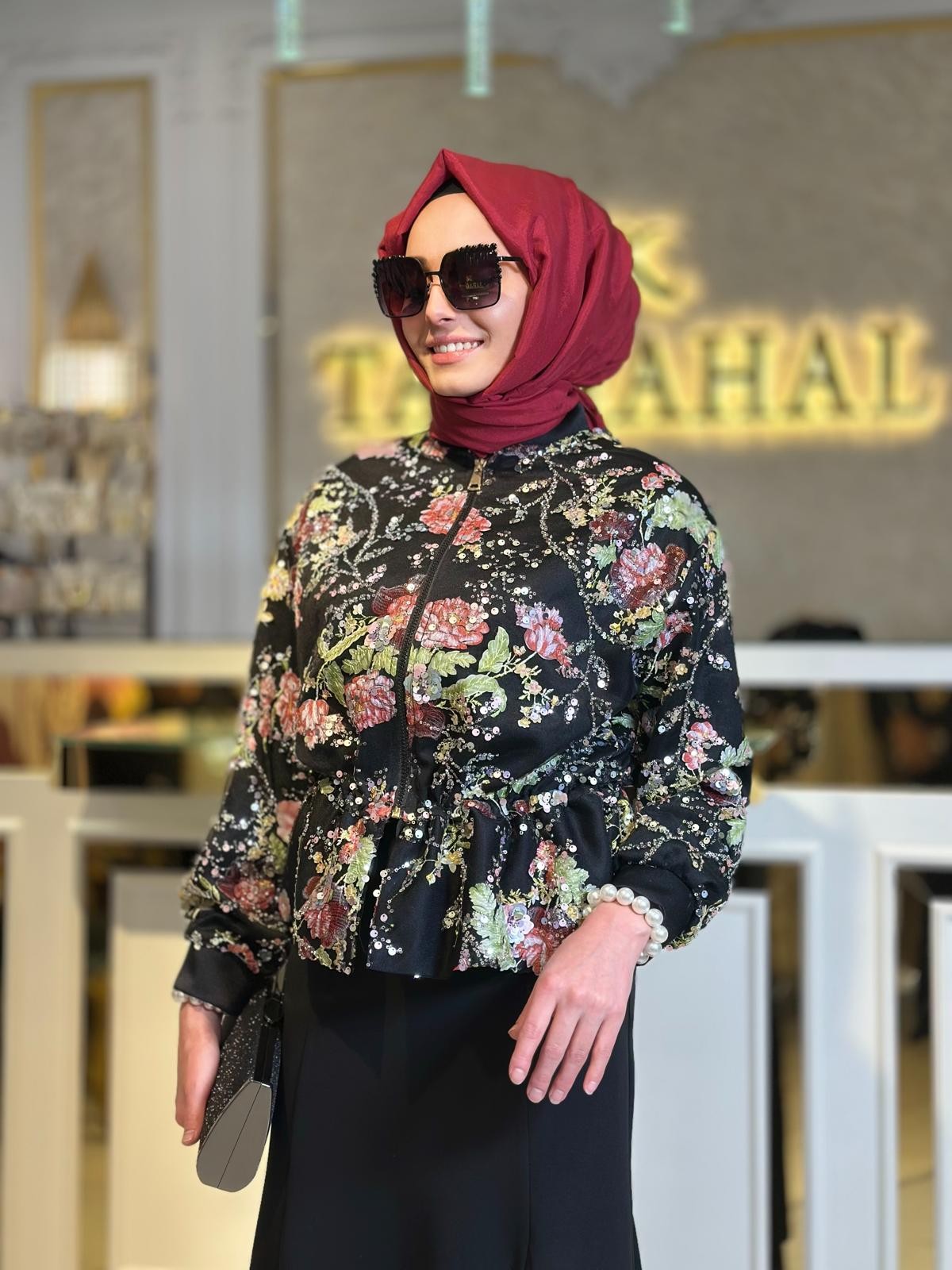 Çiçekli Bomber Ceket-Tac 8041 - SİYAH