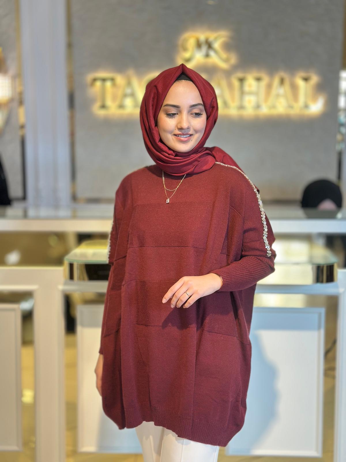 Taşlı Yarasa Kollu Triko Tunik-Tac 21737 - BORDO