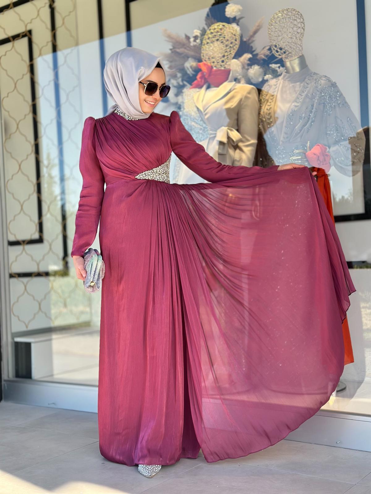 Yaka Ve Bel Taşlı Abiye-Tac 17067 - GÜL KURUSU