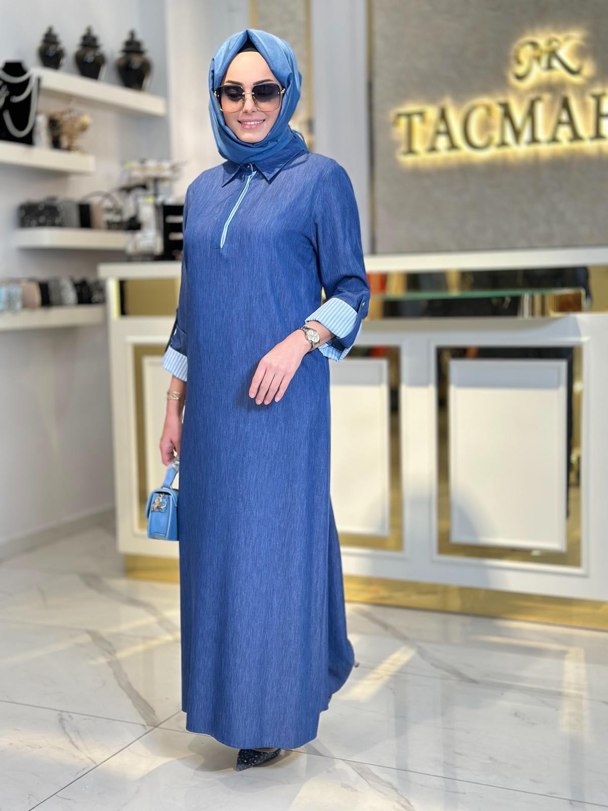 Çizgili Poplin Denim Elbise-Tac 2086